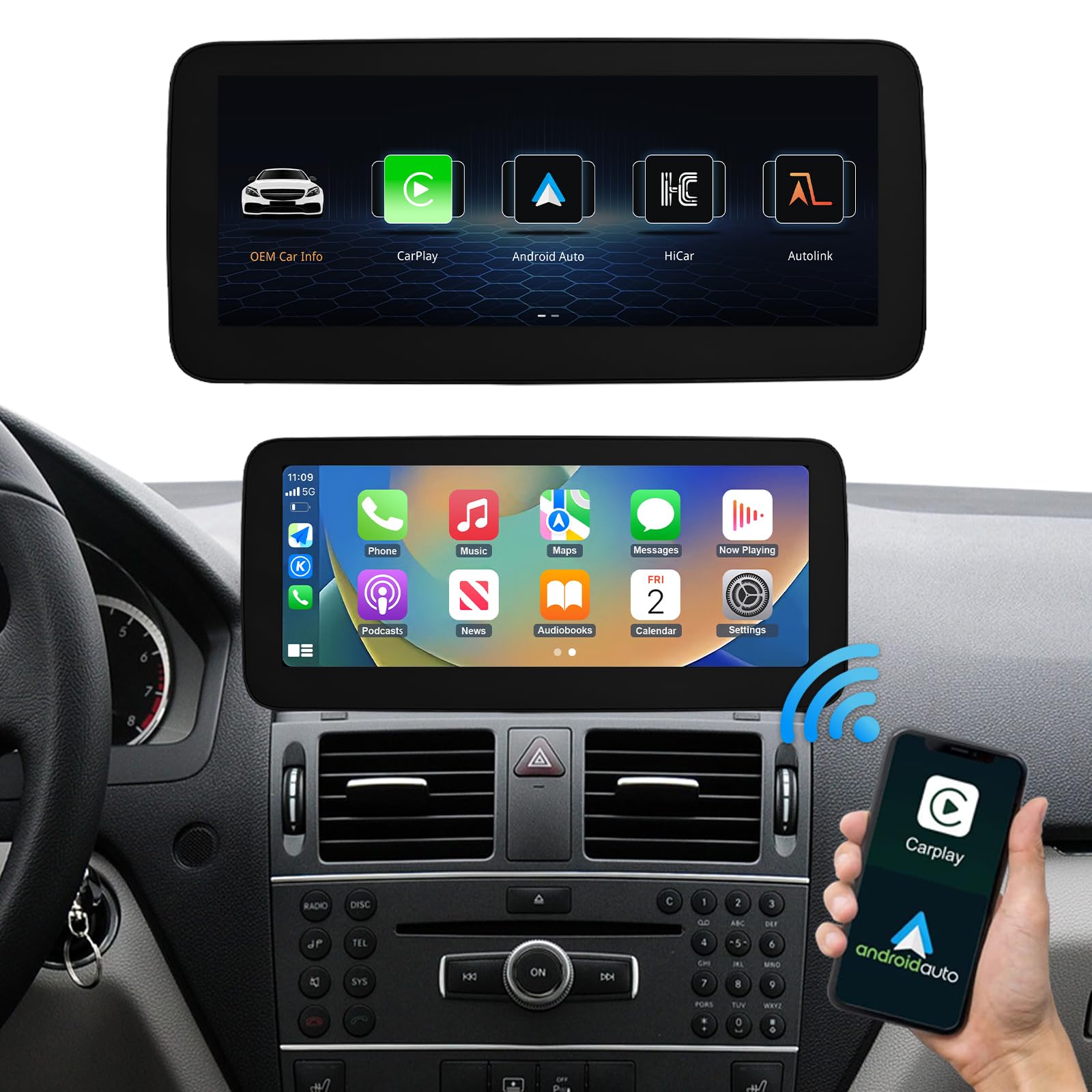 Road Top 12.3 Pulgadas de Pantalla táctil de Coche inalámbrico CarPlay Android Auto para Mercedes Benz Clase C W204 2008-2010 Año con NTG4.0 Sistema, Soporte de Navegación, Mirrorlink