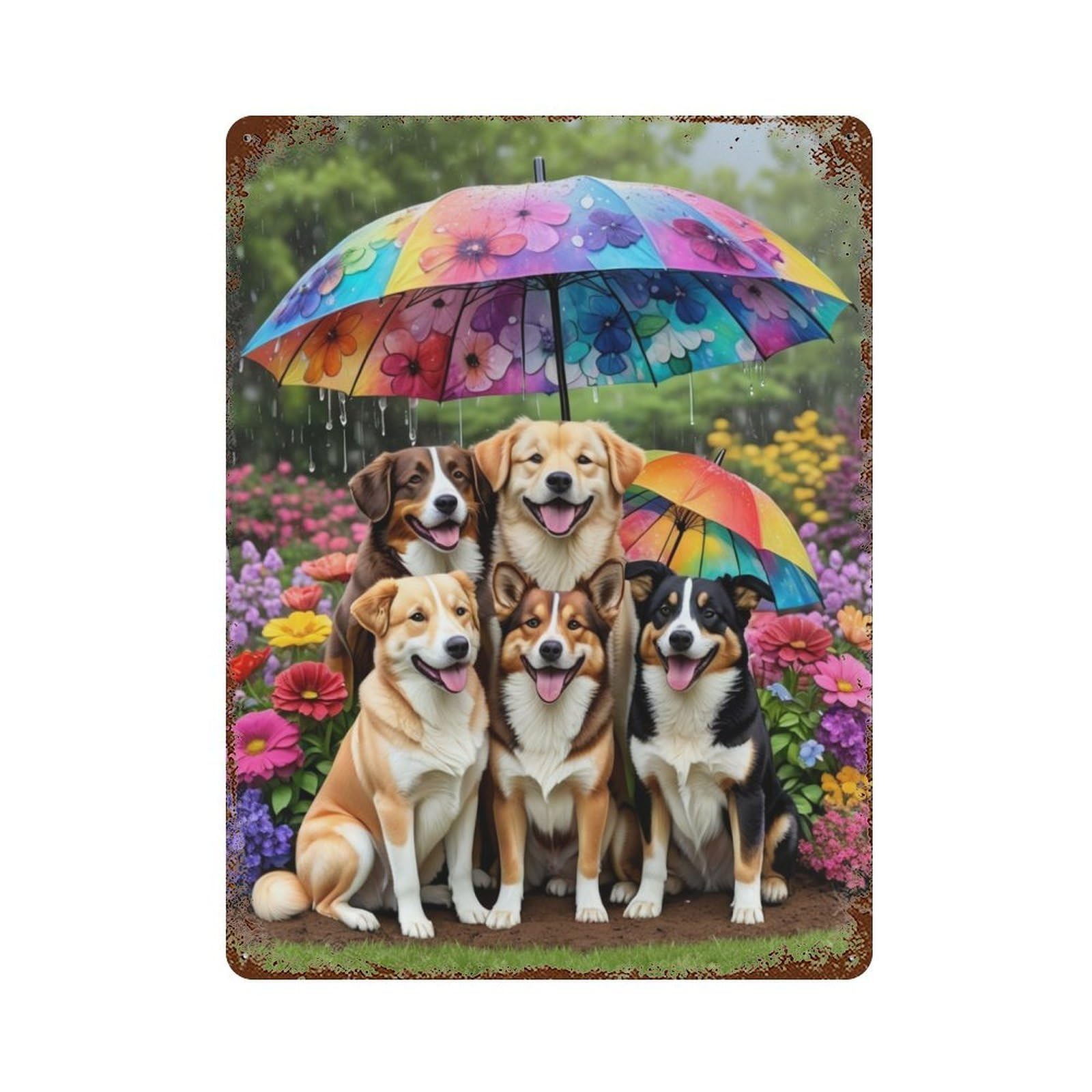 Rainy Day Pups in Flowers Vintage Rust Metal Sign 15.7"x11.8", Shabby Chic Decor for Living Room, Hallway And Home Decor