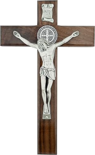 Cruz de pared de madera con medalla de San Benito Jesús en tono plateado Madera maciza oscura teñida Listo para colgar en la pared Gran regalo Cruz de pared de madera con medalla de San Benito Jesús en tono plateado Madera maciza oscura teñida Listo para colgar en la pared Gran regalo