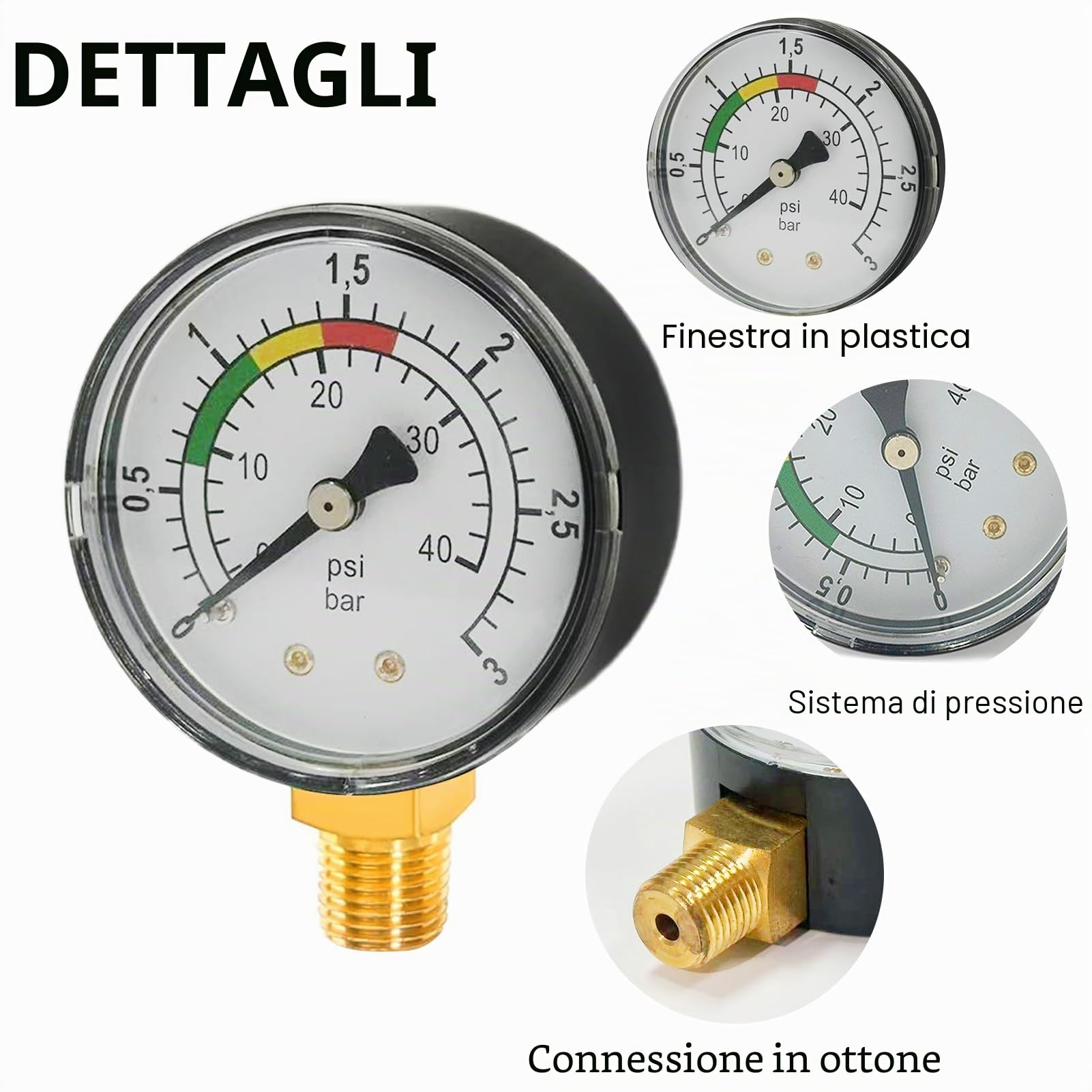 Manometro per acqua, 1/4 pollici, manometro di pressione per piscina, doppia scala, robusto alloggiamento in acciaio inox, facile da installare, durevole, versatile, per piscina, laghetti e