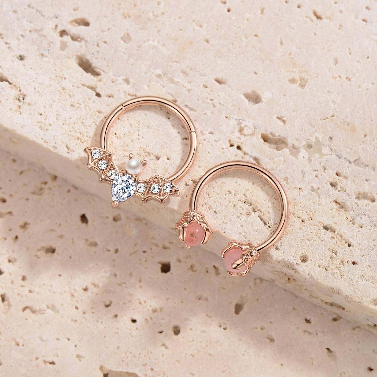 16G Septum Ring Set (2Pcs) - Rose Gold Bat & Dragon Claw Nose Jewelry | Stainless Steel CZ Septum Clicker & Horseshoe for Women Men, Daith Helix Tragus Piercing