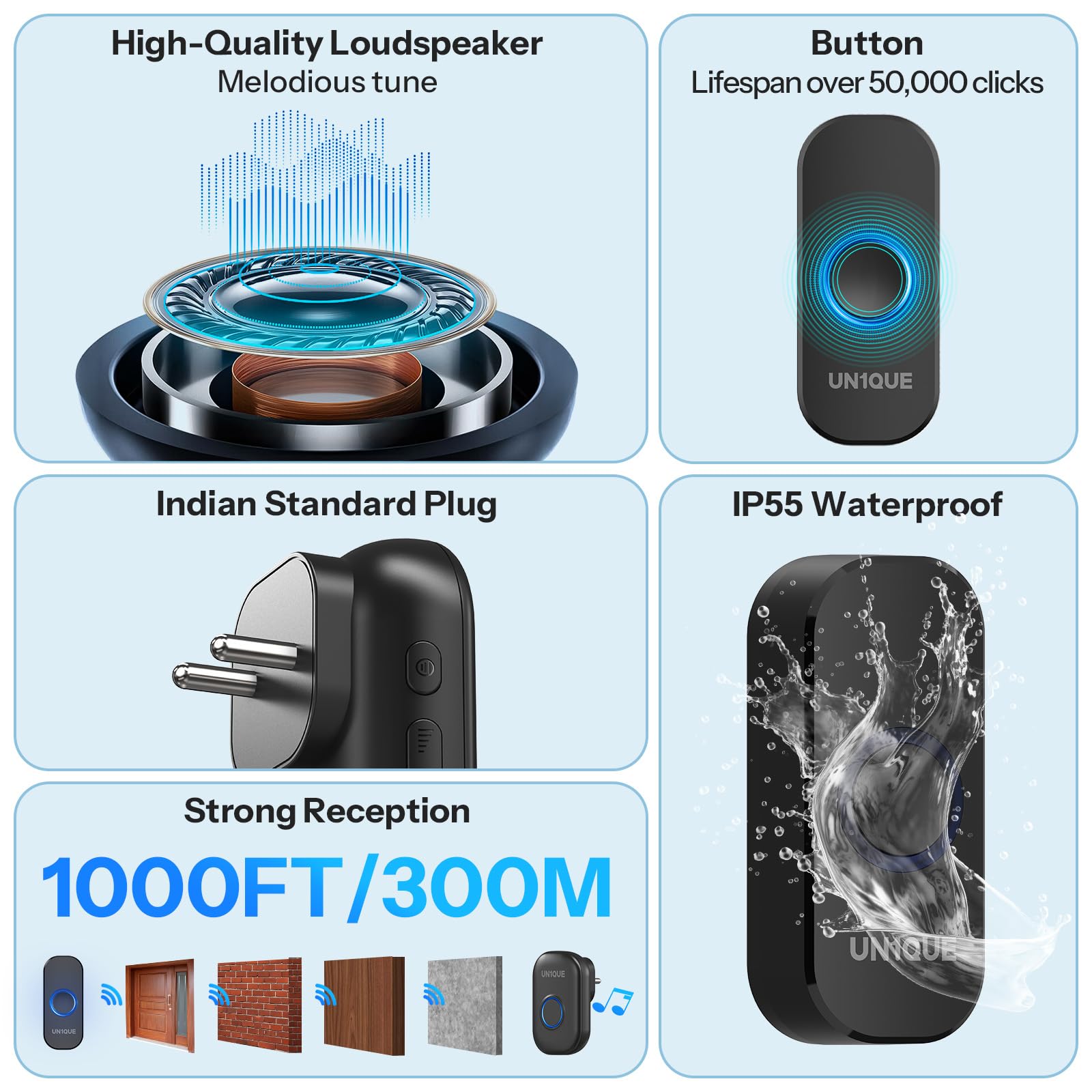 UN1QUE Wireless Door Bell for Home - Small Calling Bell for Office, 1000ft Long Range with 32 Chimes, 100dB Louder Volume, 4 Level Volume, LED Light (U600) (Black 1 Receiver +1 Portable Push Button) 4