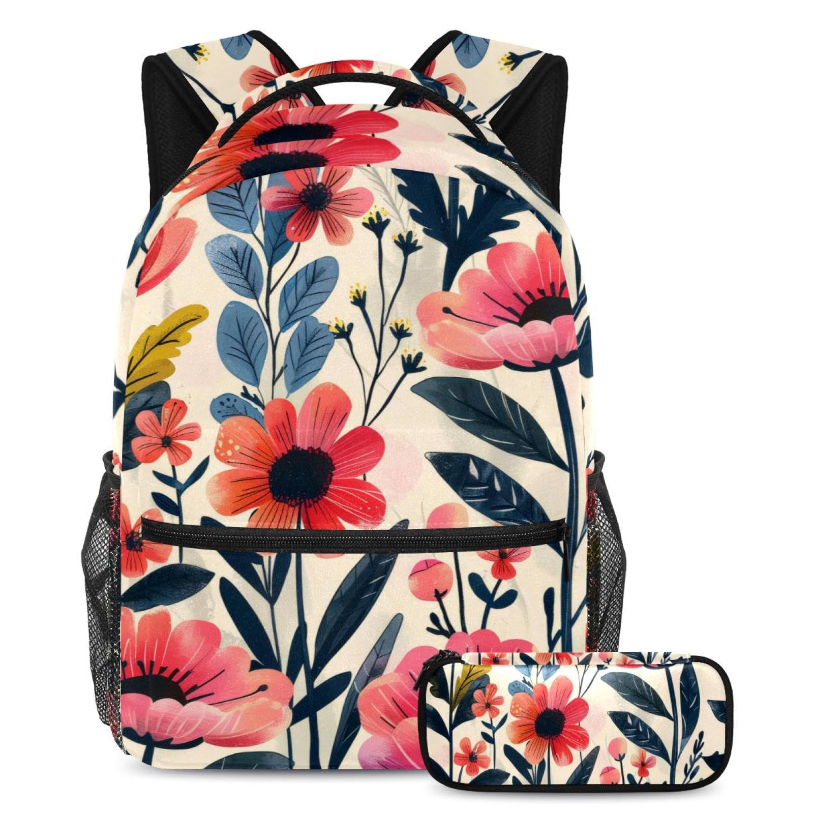 Sac à dos grand volume fleurs rouges multicolore avec trousse scolaire - 7