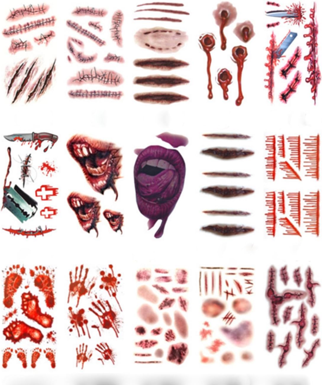 Halloween Scar Tattoos Stickers Temporary - Waterproof Horror Realistic Fake Bloody Terror Wound Injury Stitch Scar Scab Halloween Tattoo Cosplay Costume, Halloween Masquerade Prank Makeup Props