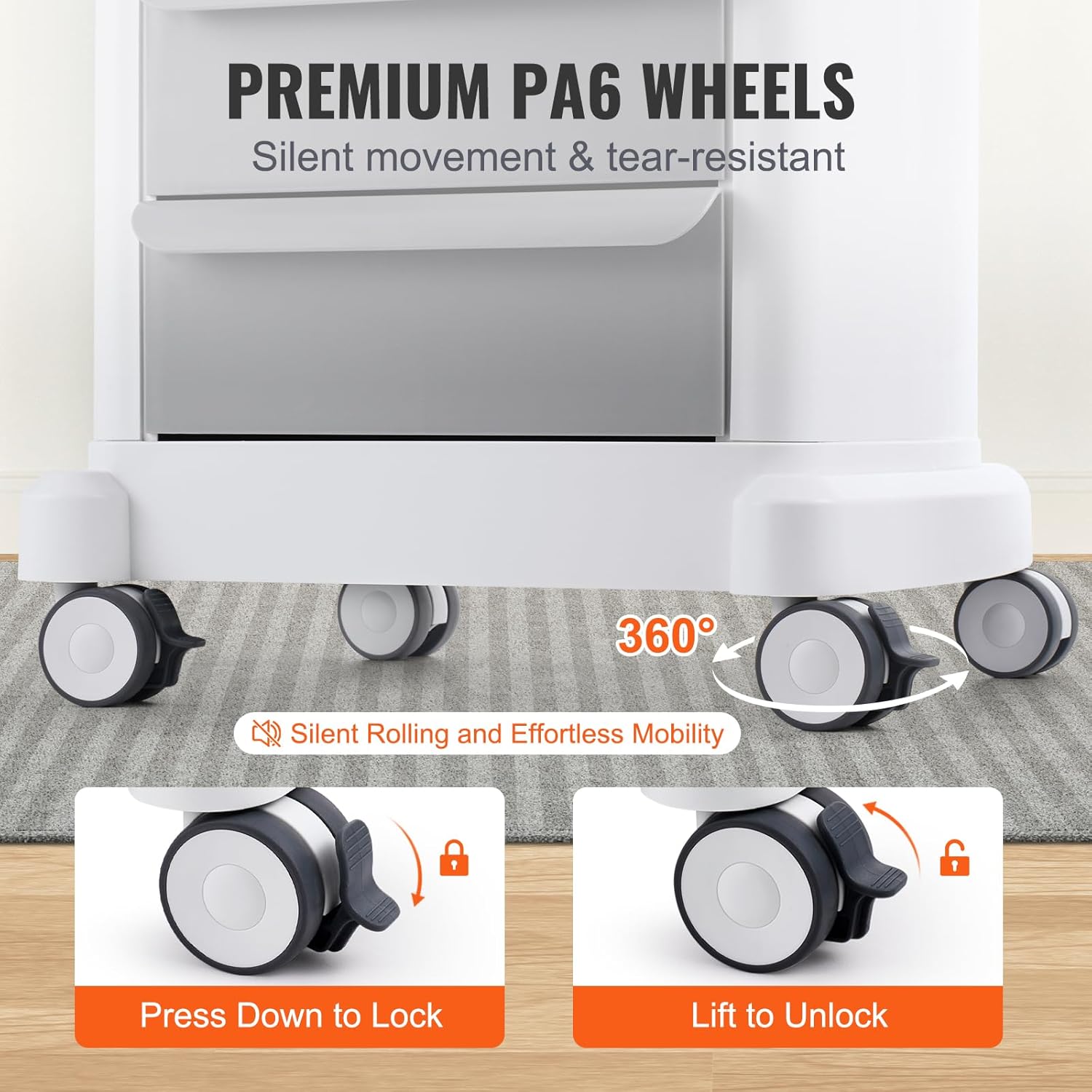 VEVOR 4 Tiers Lab Carts, Lab Utility Cart with 3 Drawers & 1 Top Tray, Mobile Medical Cart with ABS Material, Lab Rolling Cart with 4 Silent Wheels for Lab, Clinic, Hospital, Salon, White