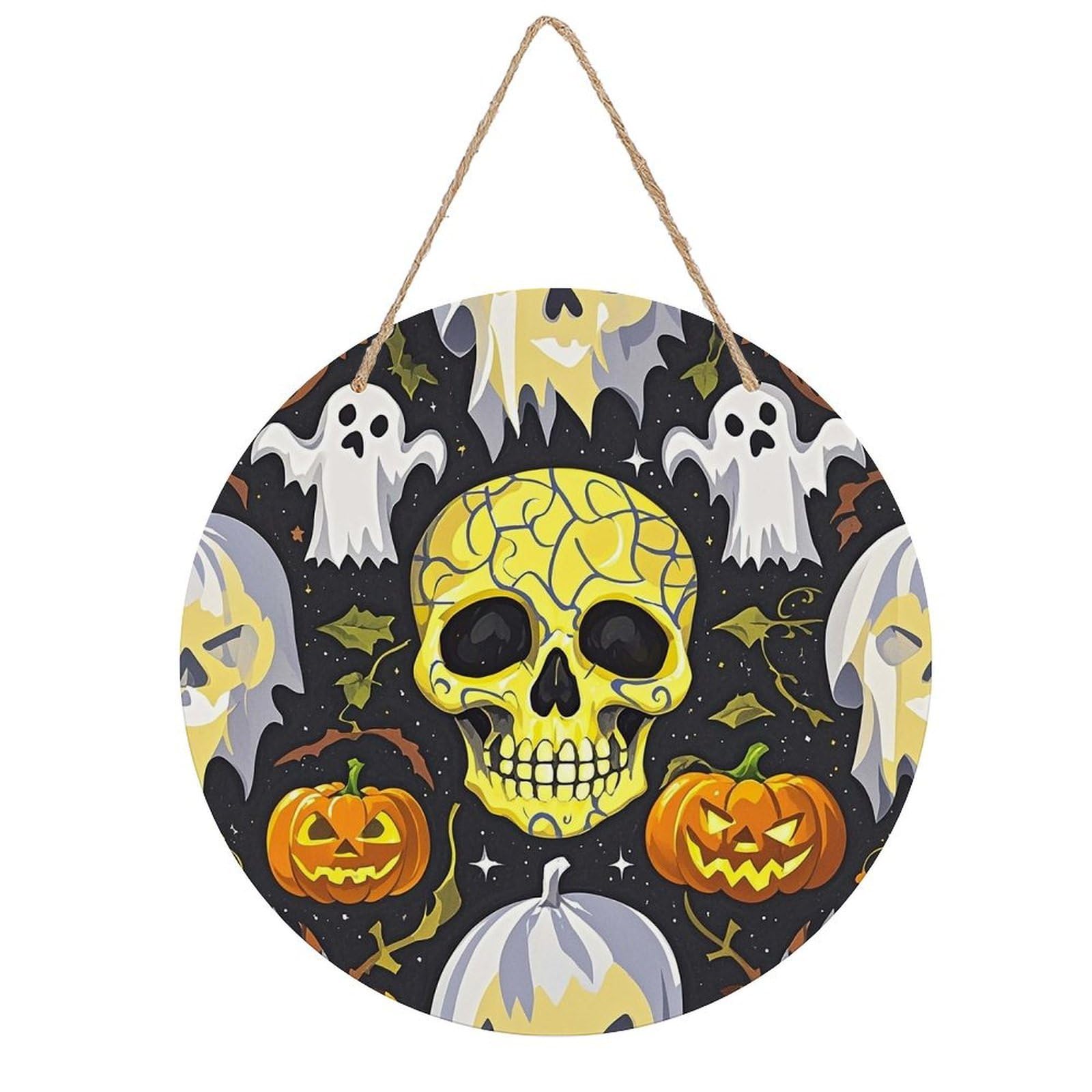 LZQPOEAS Yellow Skull Wall Art Decor Round Wood Hanging Sign Rustic Vintage Wooden Door Hanger with Ropes Decorative Plaque Welcome Sign for Home Indoor Outdoor, 7.9x7.9 in
