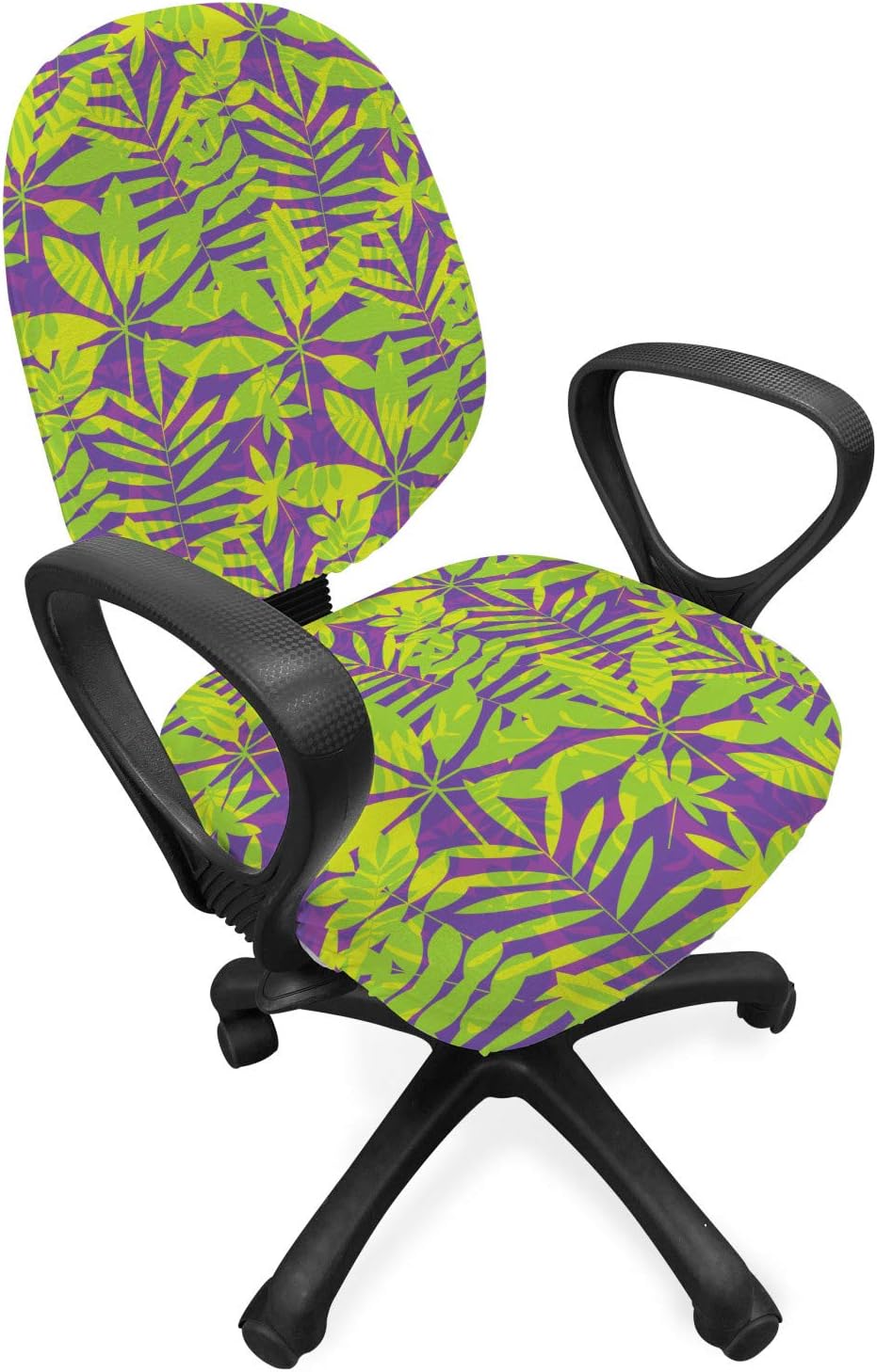 Lunarable Tropical Office Chair Slipcover, Clutter of Hawaiian Leaves Exotic Island Plantation, Protective Stretch Decorative Fabric Cover, Fuchsia Lime Green