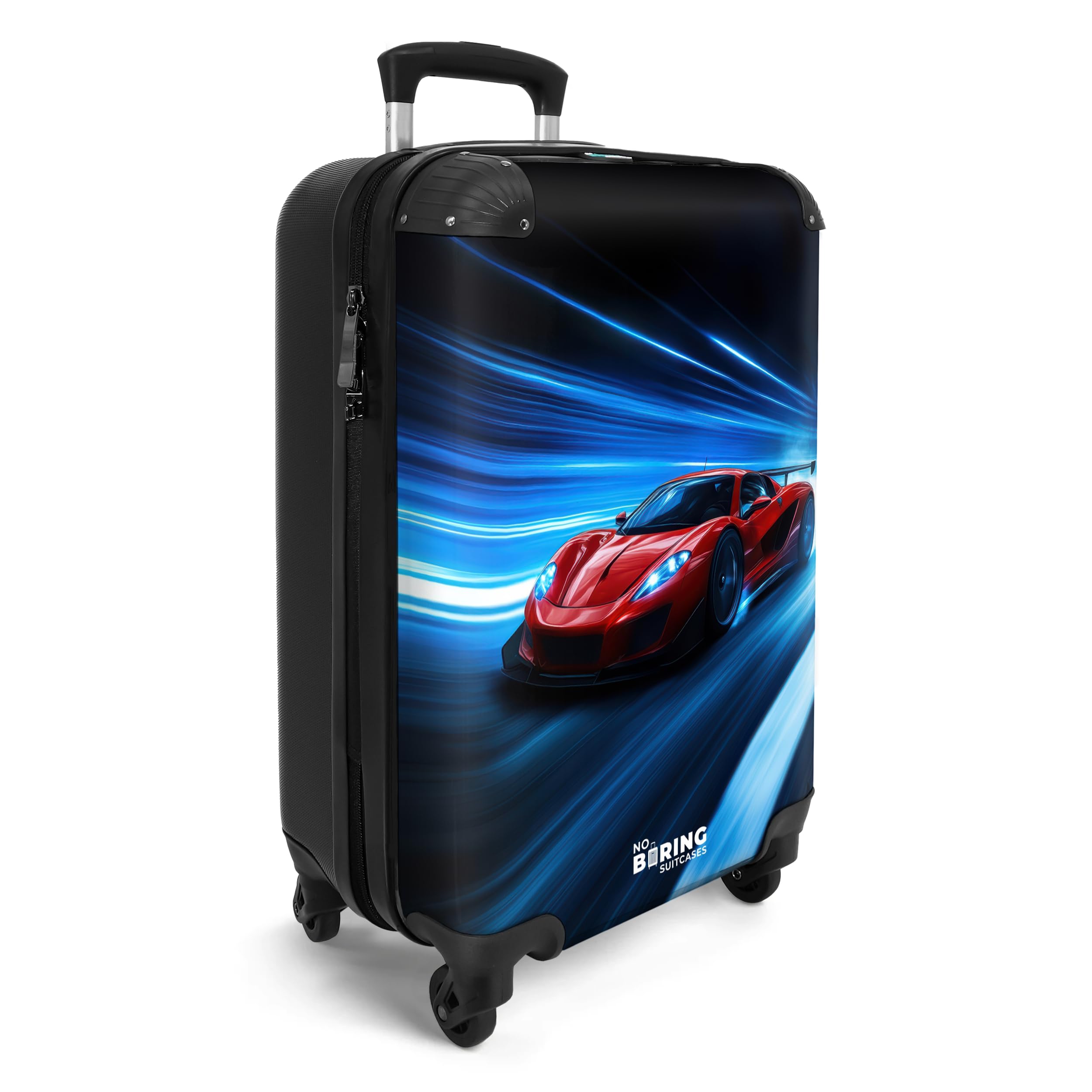 NoBoringSuitcases.com® Handgepäck Koffer Kinder 55x35x20 cm Reisekoffer Kinderkoffer 4 Rollen Leicht Cabin Trolley Hartschalenkoffer für Jugendliche Rennwagen - Rot - Blau
