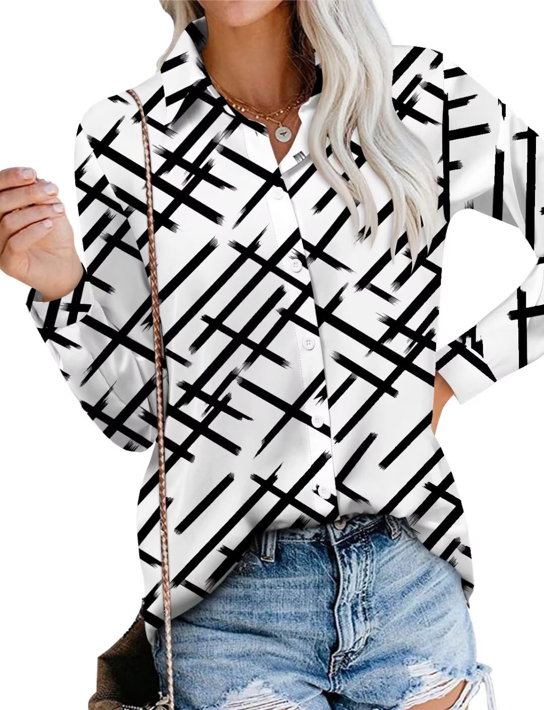 Magritta Work Loose Fitting Blouses for Women Classy Black White Shirts Button Up Color Block Shirts V Neck Long Sleeve Tops Medium, A33. Whiteblack