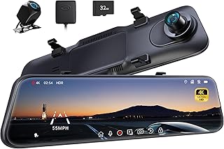 P12 Pro 4K Mirror Dash Cam, 12'' Rear View Mirror Camera Smart Driving Assistant w/ADAS and BSD,2160P Front and Rear Camera,Voice Control,Night Vision,Parking Monitoring,Free 32GB Memory Card