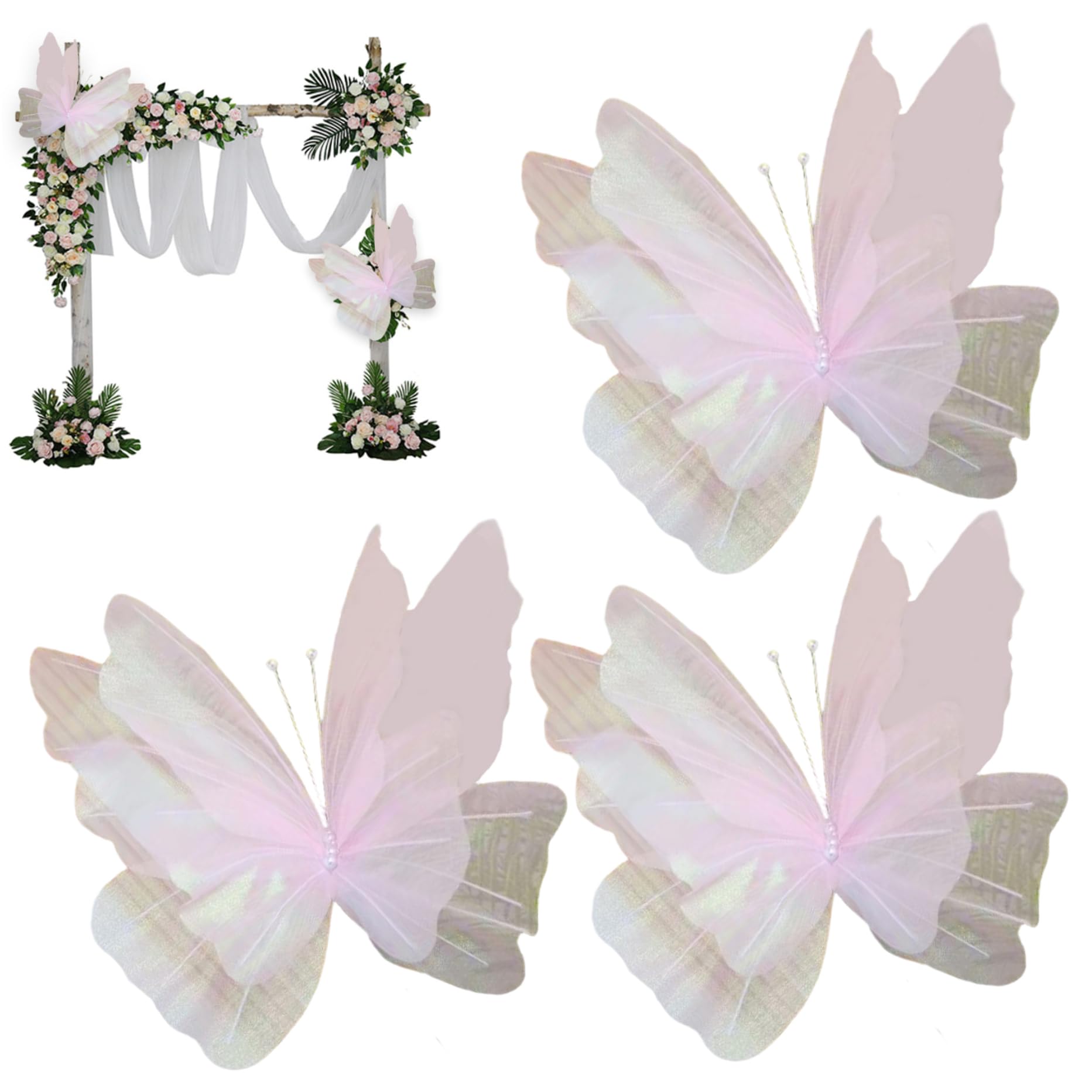 Ferricult Style 2 Large Butterfly Decorations For Wedding, 3Pcs 20Inch Giant Gauze Artificial Butterflies, 3D Realistic Iridescent Big Butterfly For Wedding Diy Crafts Photography (Pink)