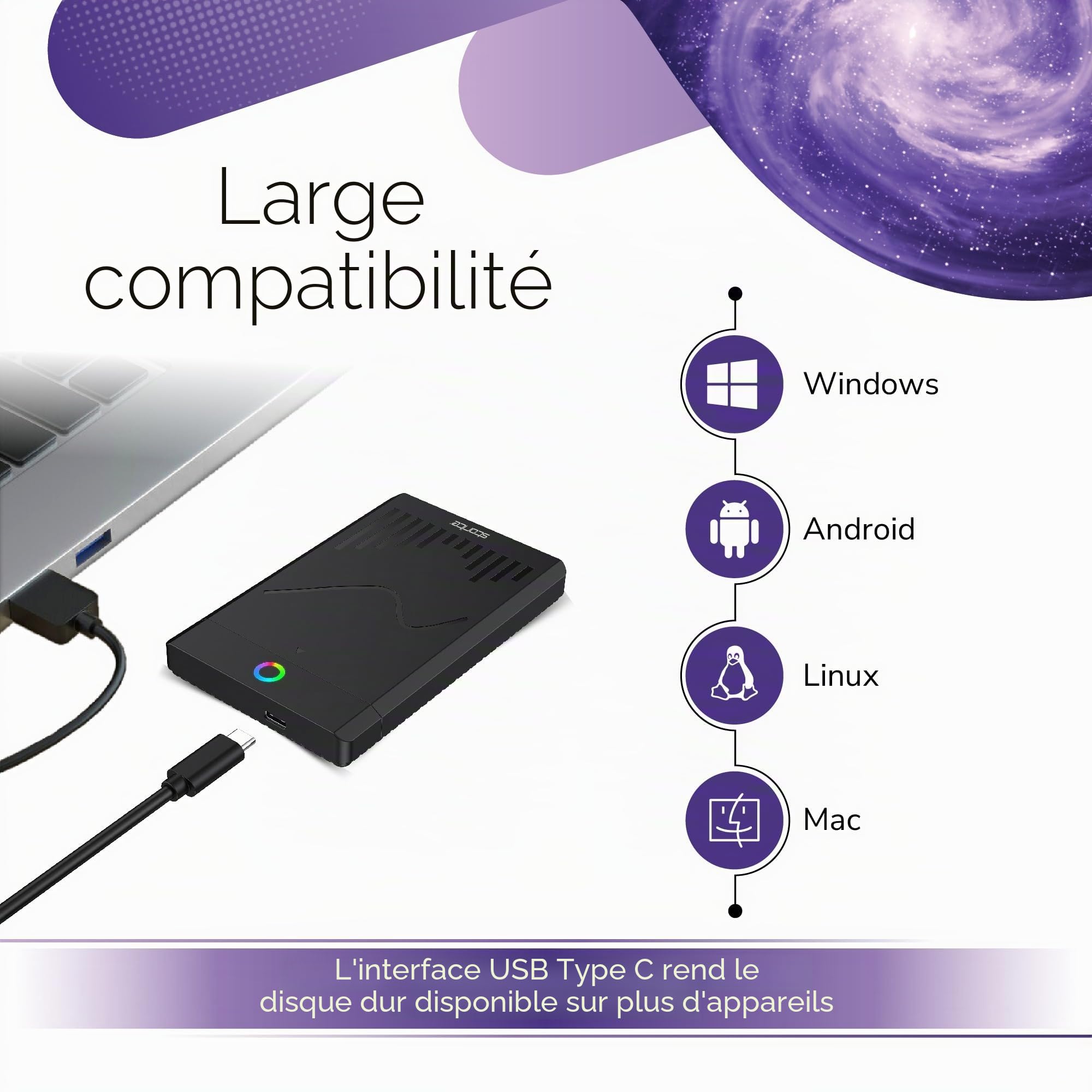 Storite Disque Dur Externe Portable 500 Go, 2,5 Pouces, USB-C pour PC - Noir
