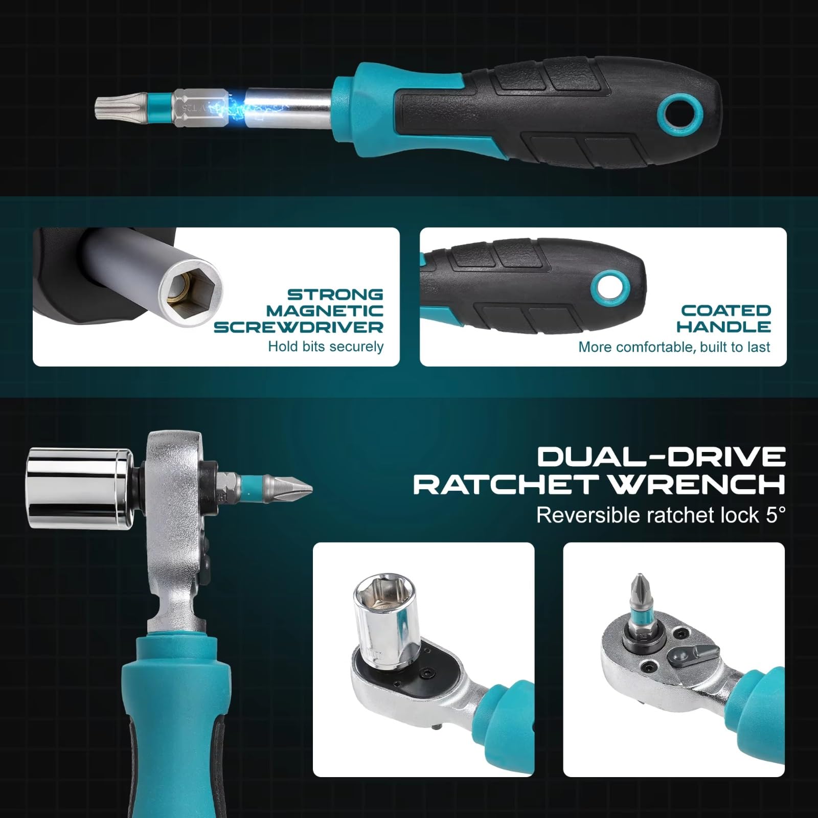 Kit Chiavi Bussola Set Chiavi A Cricchetto Dual-Drive Da 37 Pezzi Da 1/4" Con Prese Poco Profonde Maniglia Magnetica E Punte Barre Estensione Giunto Universale