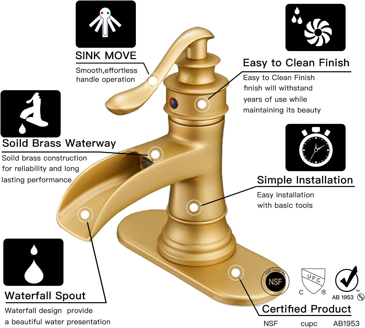 Best Deal Product BWE Waterfall Brushed Gold Bathroom Sink Faucet Single Handle One Hole Deck Mount Lavatory Commercial