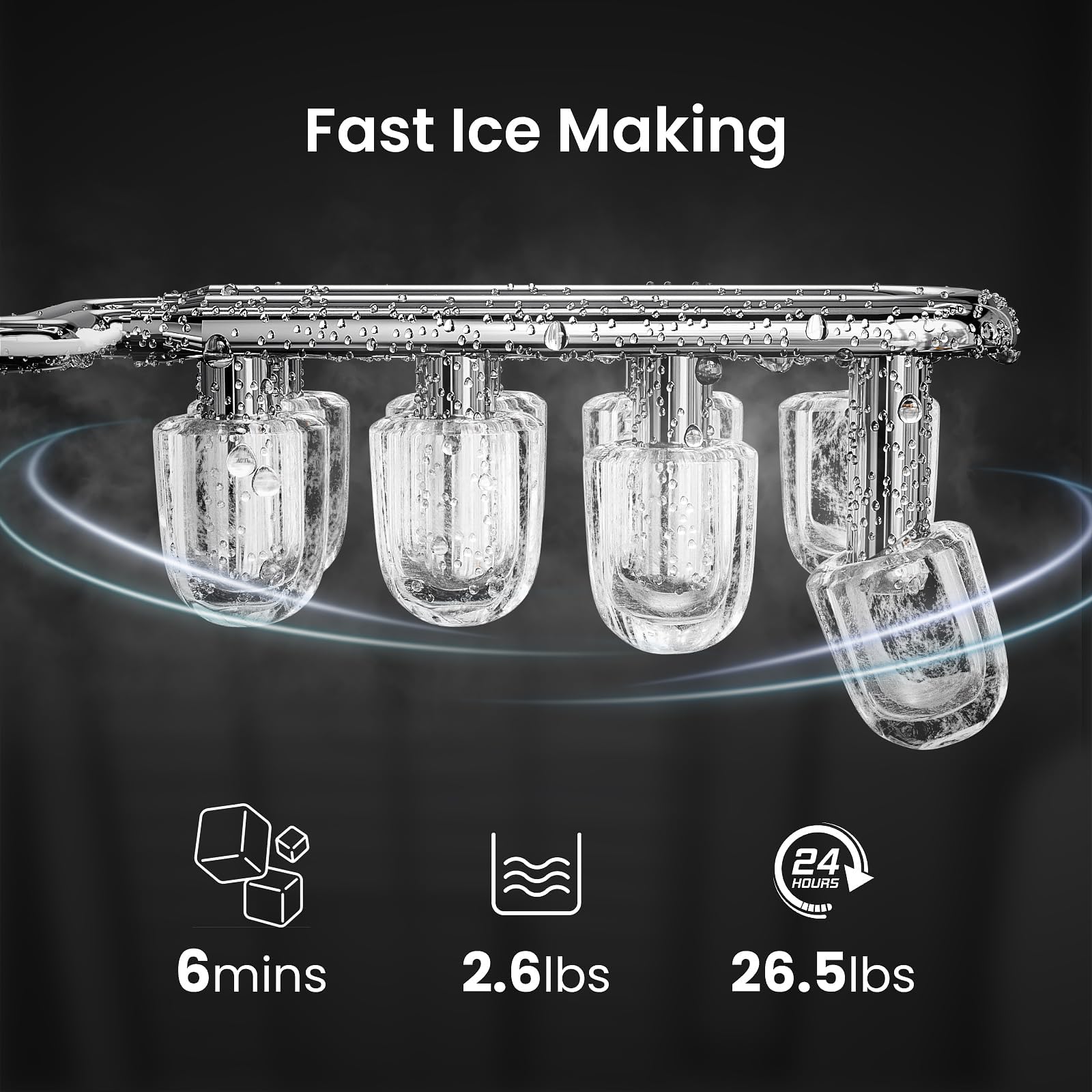 Pro Ice Maker: Fresh Ice On Demand in 6 Mins! 26.5 lbs/Day, Self-Cleaning & Ultra-Quiet. Perfect for Home Bars, Kitchens & Offices（Light Grey）