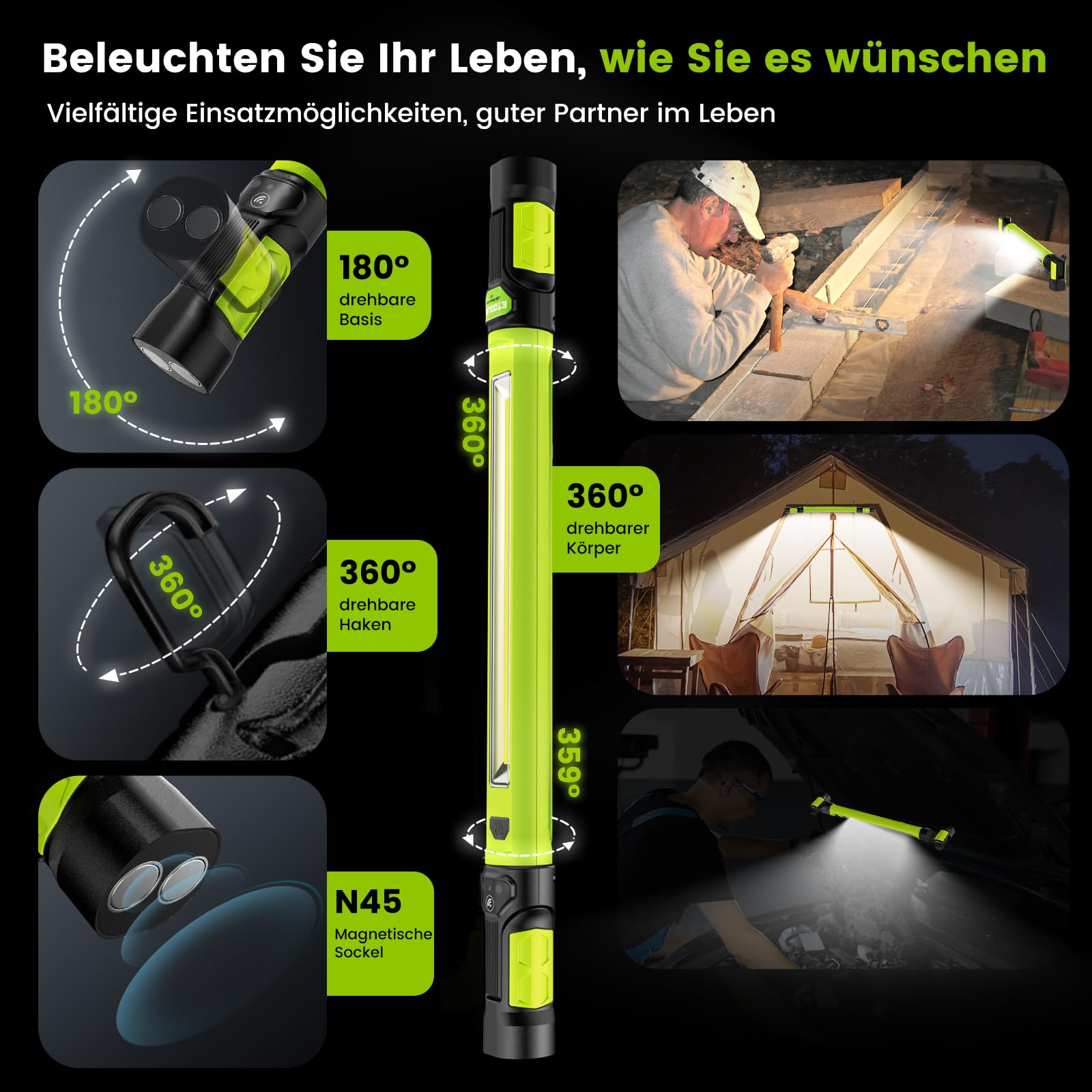 Lampe d'atelier LED ETOOLAB - 5200 mAh - Véritable 1200 lm - Lampe de compartiment moteur avec aimants - Projecteur de chantier - Crochet à 360° - Capteur de présence - Pour camping, chantier, garage,