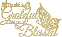 Vista 1 de Letrero de pared con texto en inglés «Thankful Grateful and Truly Blessed», decoración de pared colgante de metal con mariposas de corazón, letras