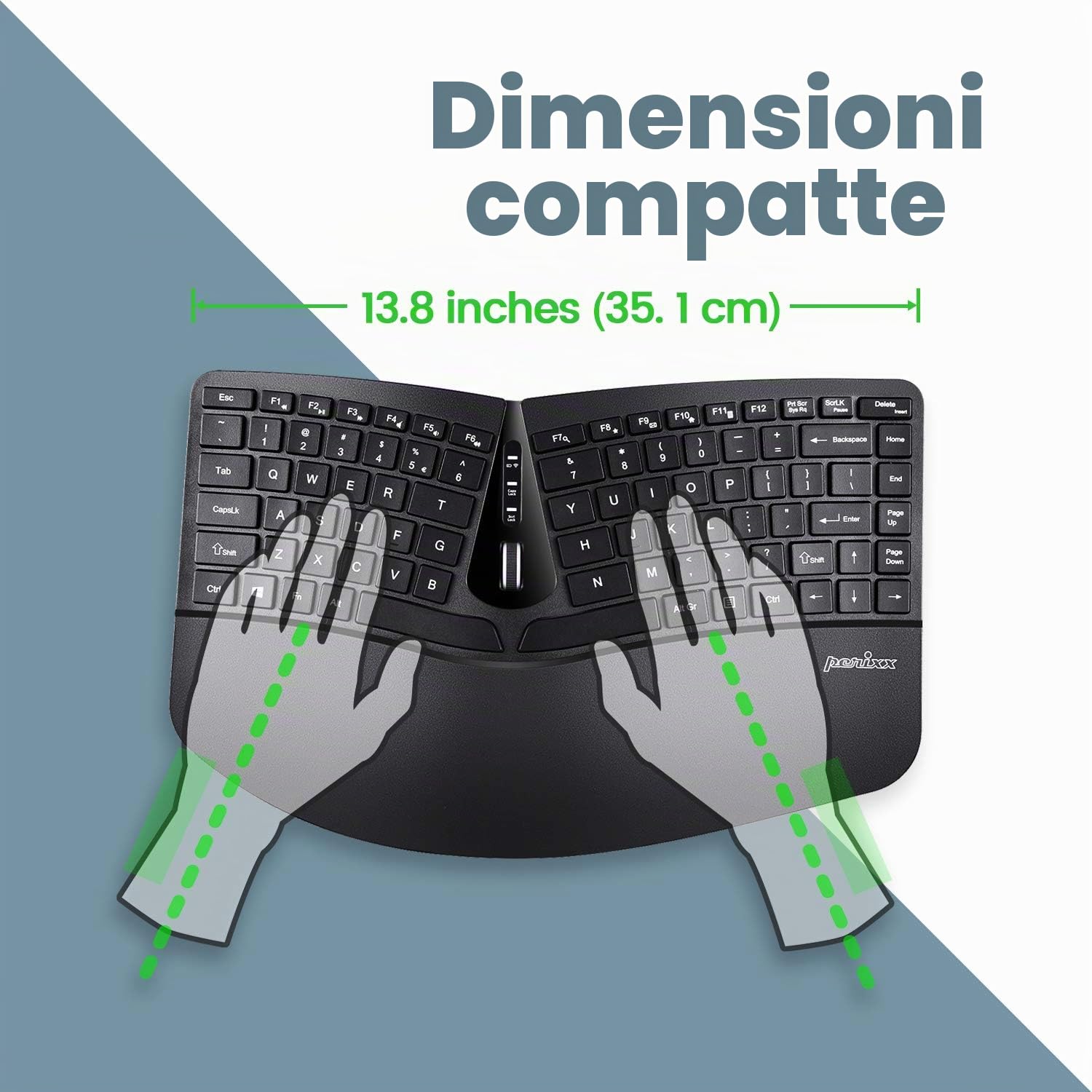Perixx PERIDUO-606 - Mini tastiera ergonomica senza fili con mouse verticale portatile, supporto regolabile per il resto del palmo, membrana, tasti a basso profilo, inglese americano
