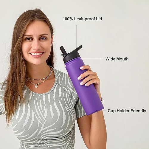 Miniatura 6 de mininoo Botella de agua aislada de 24 onzas con tapa con pajilla, de acero inoxidable, al vacío de doble pared, a prueba de fugas, sin BPA, mantiene