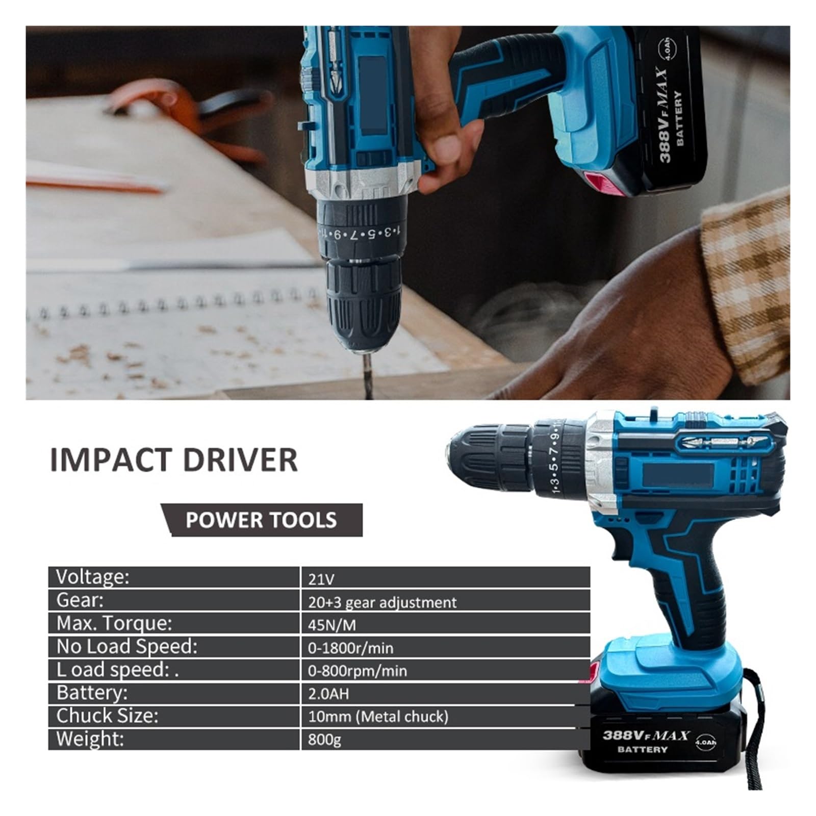 20+3 Torque 21V Wiertarka Akumulatorowa Elektryczny Udarowy Elektryczny Wkrętak Udarowy Bezprzewodowe Narzędzie Elektryczne Narzędzia Ręczne Akumulator Litowy DużA Zdolność Wiercenia(1 Battery-388VF)