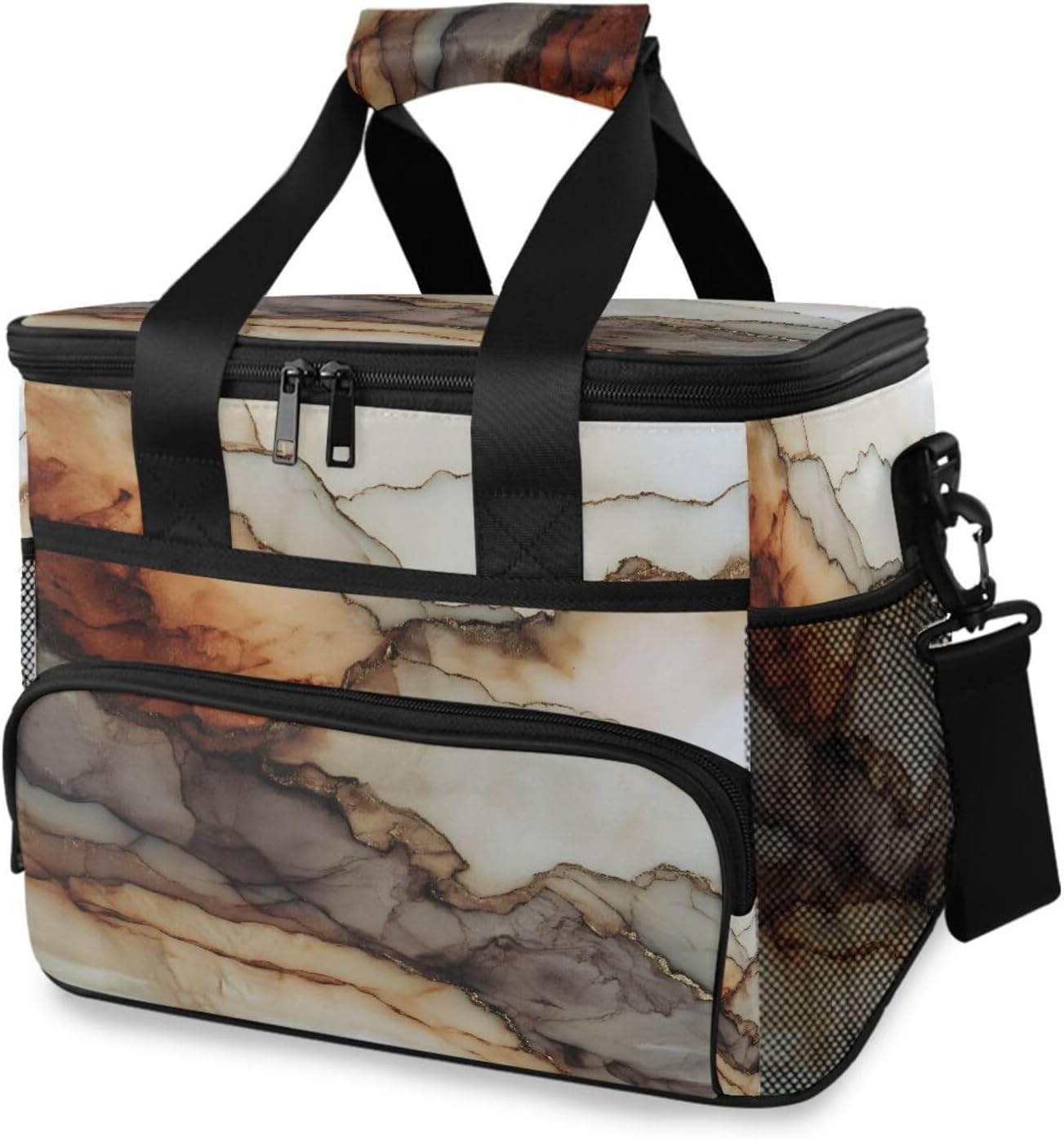 Cooler Bags Brown and Grey Marble Print Insulated Shoulder Lunch Box Lunch Totes Picnic Bag Beach Cooler 24 Cans Capacity Leakproof with Handle for Picnic Camping