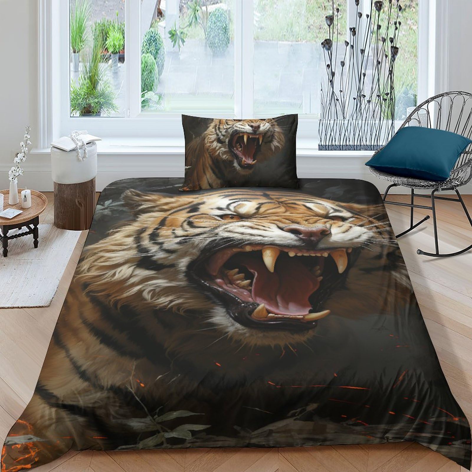 Parure de lit tigre 3D hypoallergénique avec housse de couette et taies d'oreiller pour chambre