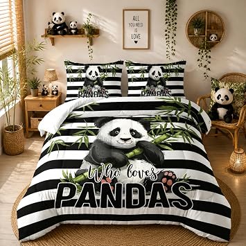 Nttopship Panda Bedding Set, Kawaii Striped Animal Theme Comforter Set for Girls Kids Teens, Full Size Panda Bed Set with 2 Pillowcases