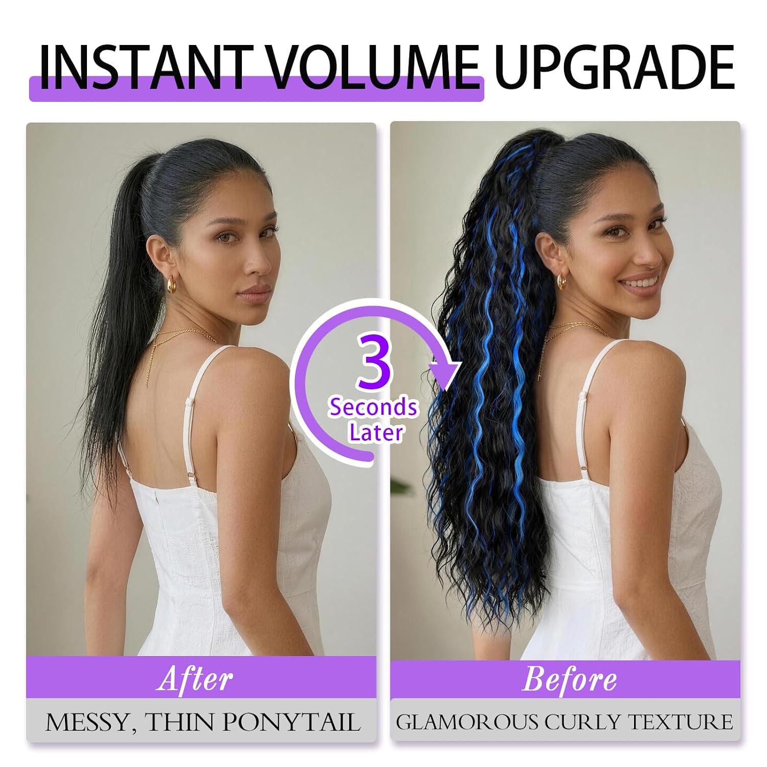 Isaic 30 Inch Claw Clip Ponytail Extension – Volumizing Wavy Hairpiece for Thin Hair, Natural Looking Synthetic Ponytail for Daily Use (Black Mix Blue)