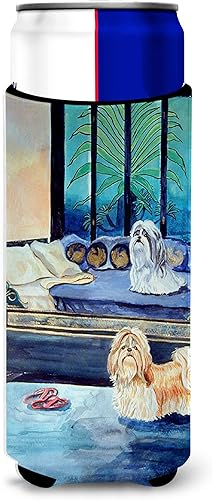 Caroline's Treasures 7082MUK Shih Tzu Double Trouble Ultra Hugger para latas delgadas para latas delgadas, funda para enfriar, lavable a máquina,