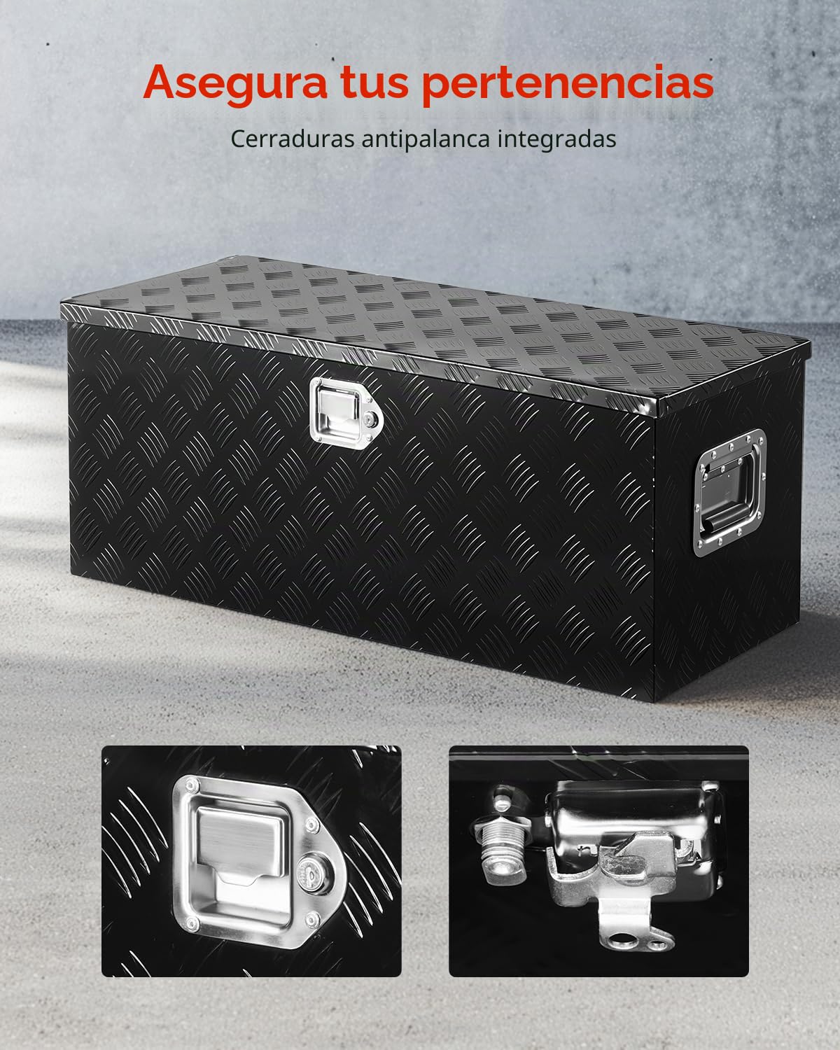 VEVOR Caja de Herramientas de Aluminio Resistente para Caja de Camioneta, con Revestimiento a Rayas, Estante Deslizante, Asa Lateral, Cerradura y Llaves, 899 x 370 x 370 mm, Negro, Carga 40 kg