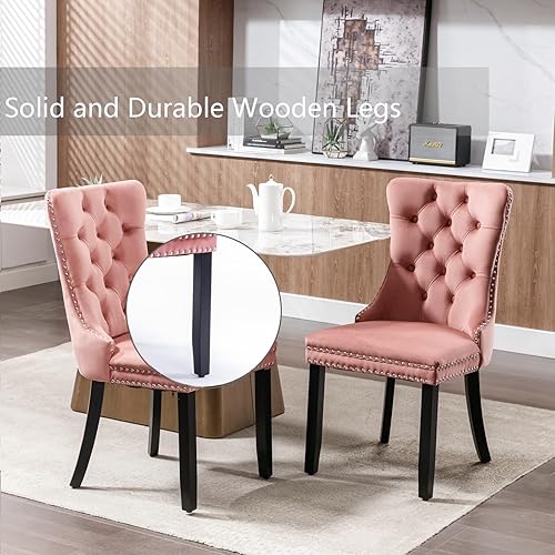 Miniatura 36 de Juego de 4 sillas de comedor de terciopelo beige, sillas de comedor tapizadas con adorno de tirador de anillo trasero y patas de madera maciza,