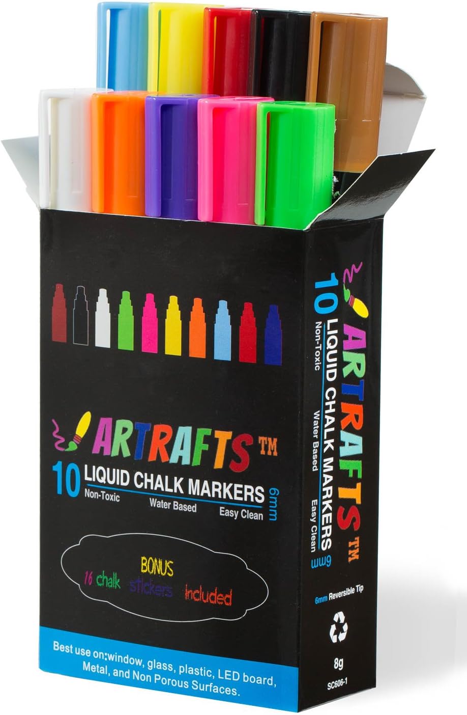 Liquid Chalk Markers 10 Vivid Colors By Artraftsโข โ Reversible Chisel to Bullet Point Tips + 16 FREE Chalkboard Stickers - Use on Glass, Metal, Containers, Menu Boards, Non-Porous Surface