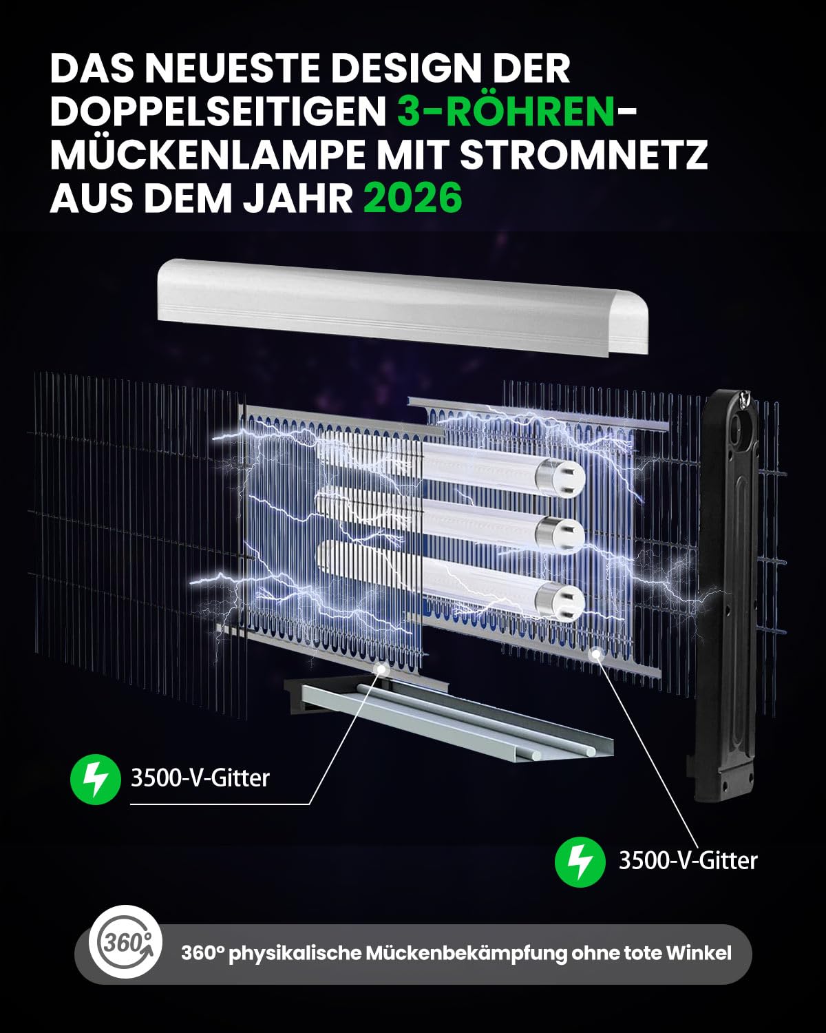 Insektenvernichter Elektrisch 3500V 30W UV Mückenlampe mit 3 UVA-Röhren Mückenfalle fängt Insekten Mücken Fliegen, Elektrische Fliegenfalle für Zuhause Büro, Garten, Doppelseitiges Hochspannungsgitter
