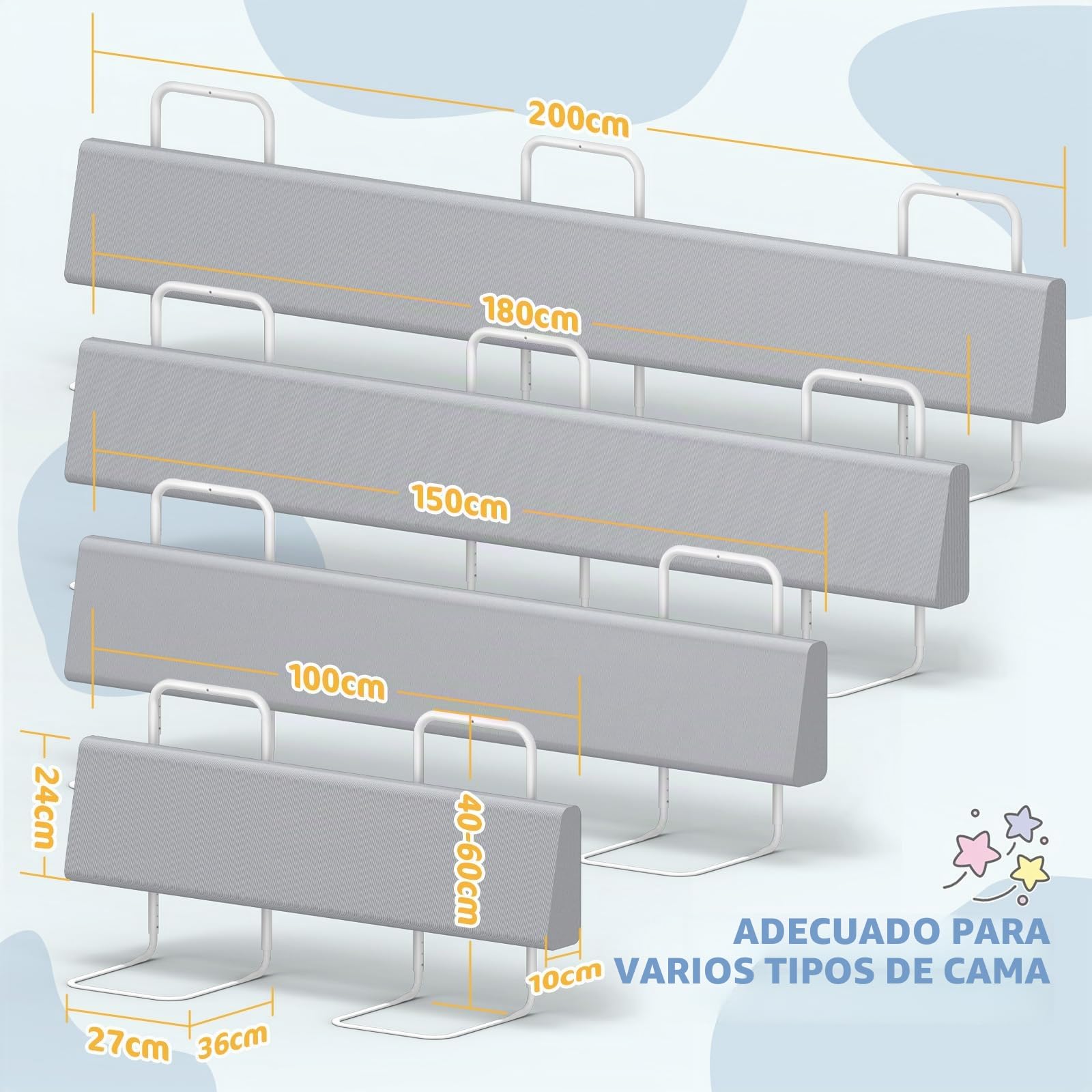 Barrera de Seguridad para niños – Barrera de Cama para niños con protección de Bordes, Seguridad para Cama Infantil, Altura Ajustable 40-60 cm, Desmontable, portátil, Gris, 180cm