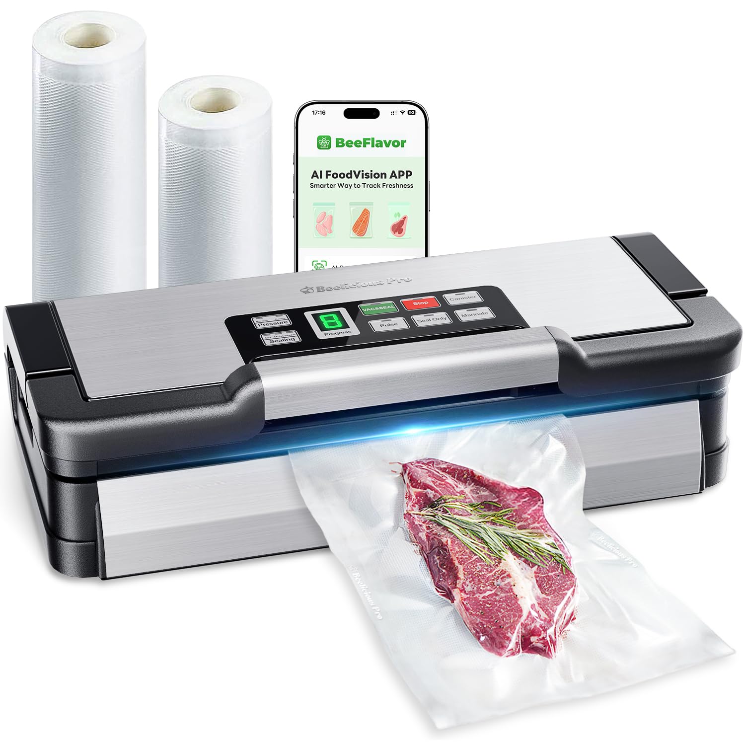 Beelicious Pro AquaLock 95kPa vacuum sealer stainless steel with built-in cutter and bag storage