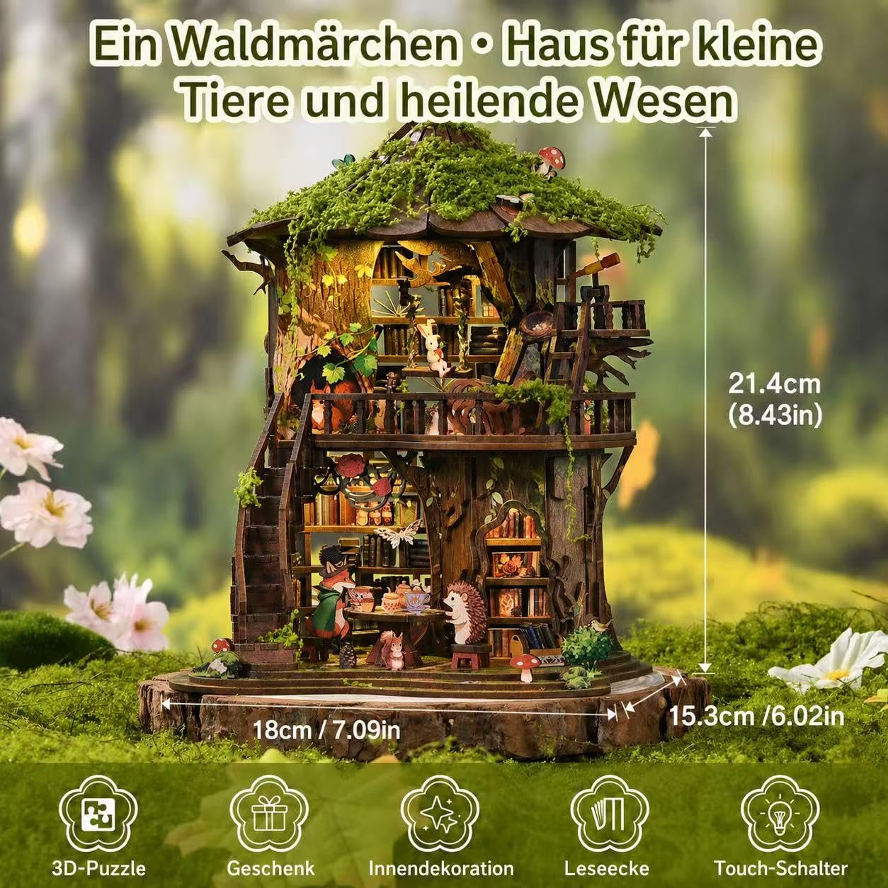 DIY Miniature House Kit, Forest Tea Book Club Fantasy Fairy Forest 3D Wooden Dollhouse with LED Light, Wooden Puzzle Building Model Kit, Stress Relief Creative Craft Gift for Adults Teens