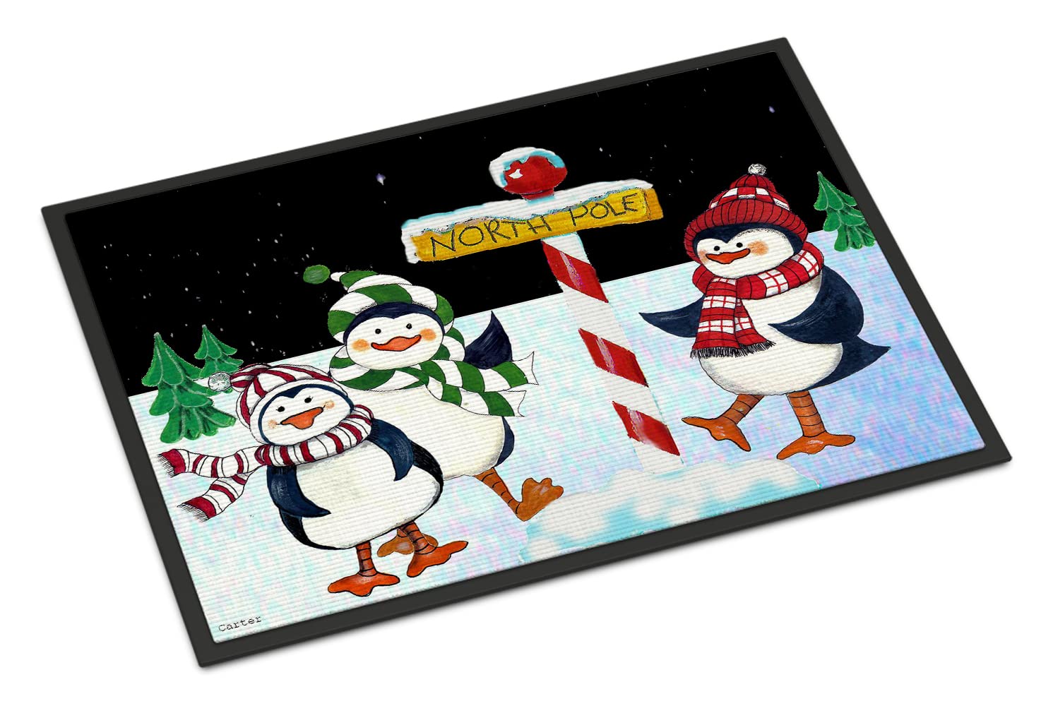 Caroline's Treasures PJC1082JMAT North Pole Welcomes You Penguins Doormat 24x36 Front Door Mat Indoor Outdoor Rugs for Entryway, Non Slip Washable Low Pile, 24H X 36W