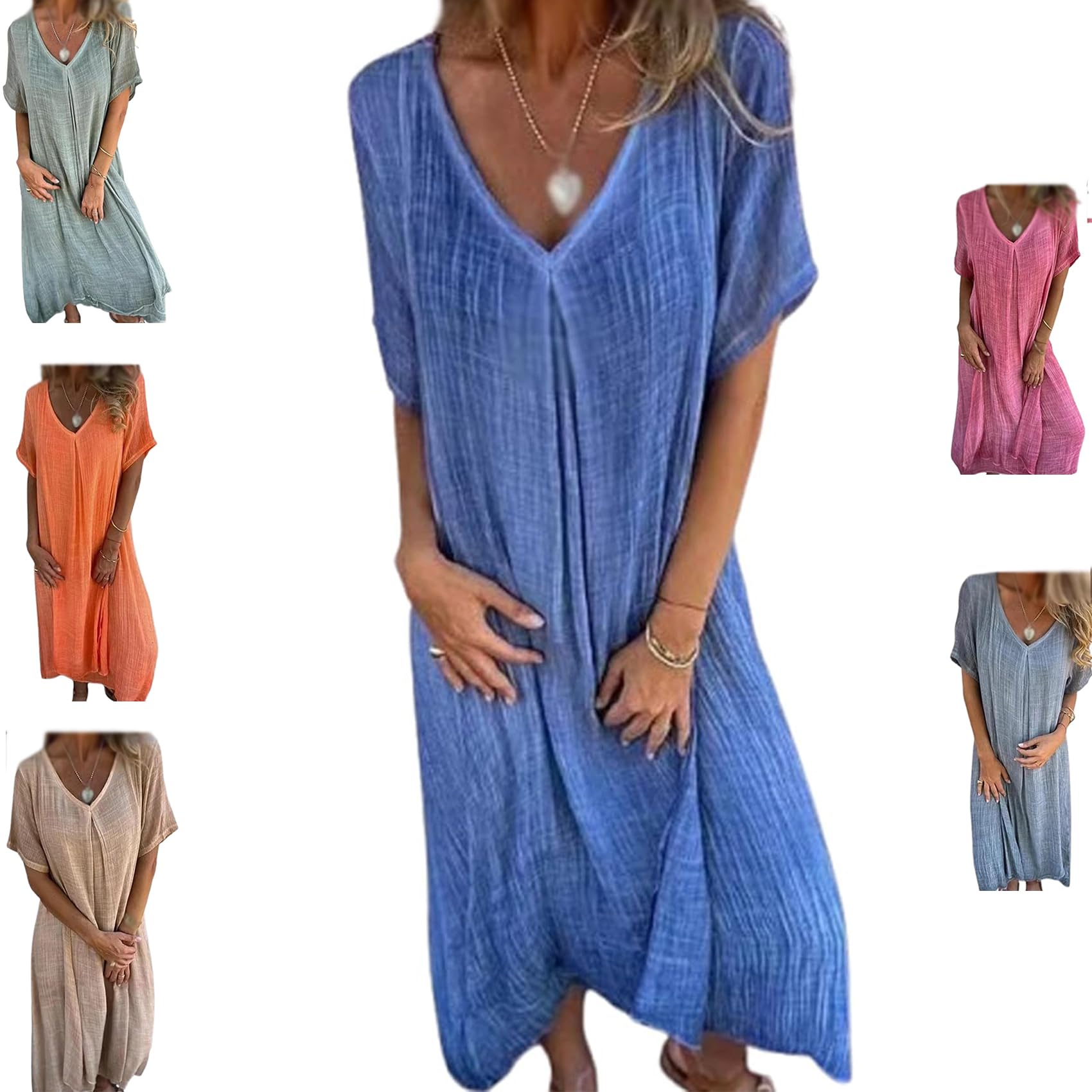 Frontaley Cotton and Linen V-Neck Midi Dress, Solid Casual Dress, Comfortable Holiday Style (Blue,10XL)