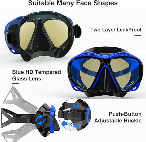 Miniatura 4 de Snorkeling Gear for Adults, Dry Snorkel Mask Set Blue Electroplated 180 Panoramic Wide View Anti-Fog Scuba Diving Mask Goggles, Professional Snorkel