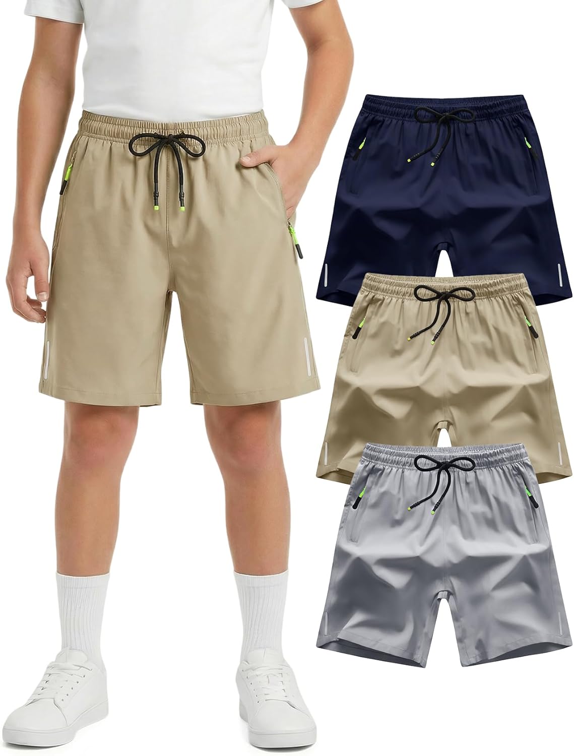 Gihuo Boys Shorts Quick Dry Athletic Shorts Kids Lightweight Outdoor Running Shorts with Zipper Pocket
