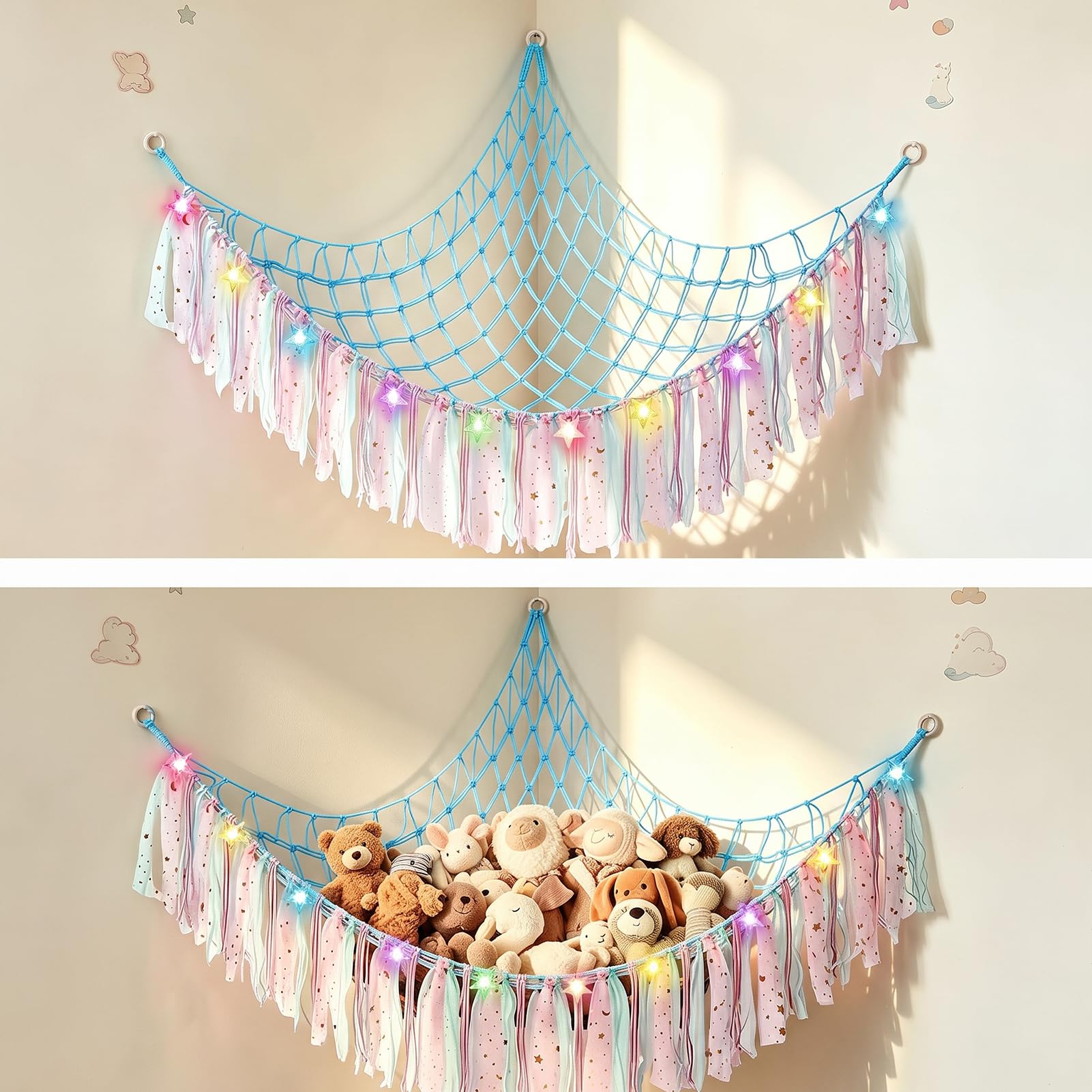 Teddy Hammock Toy Storage Net, Blue Plush Toy Hammock with LED Light