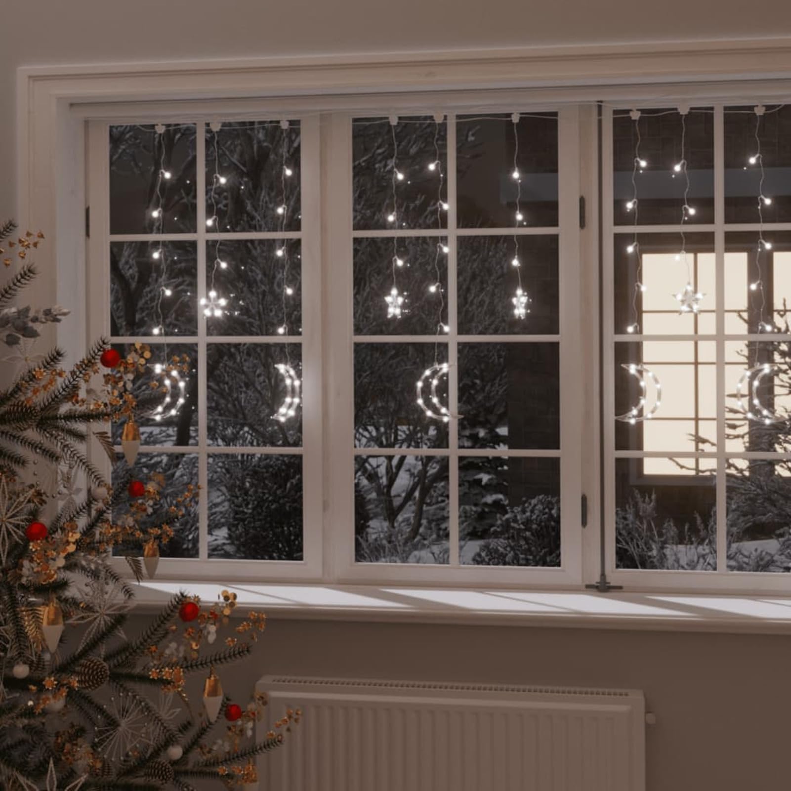 Homgoday Guirnalda de luces con mando a distancia con estrella y luna, iluminación navideña, decoración de Navidad, ventana, cortina de luces, para Navidad, fiesta, decoración, boda, jardín, balcón