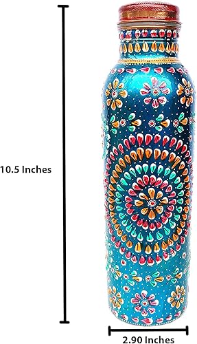 Miniatura 4 de Rastogi Handicrafts Botella de agua hecha a mano de cobre exterior pintada a mano con obra de arte de color turquesa (sin juntas y a prueba de
