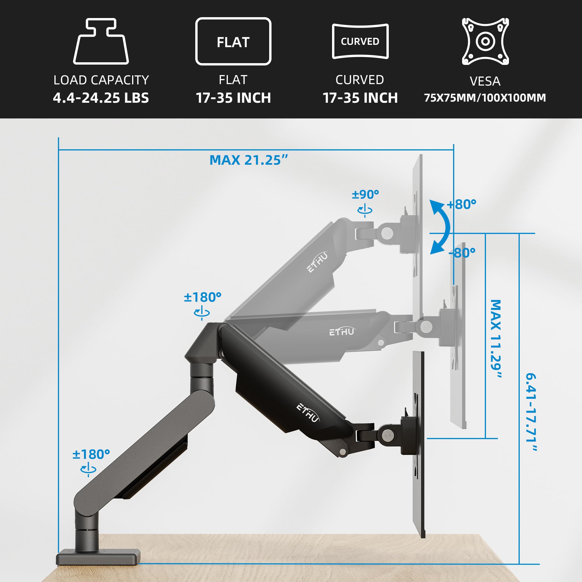 ETHU Brazo de monitor único para pantallas planas/curvas de 17 a 35