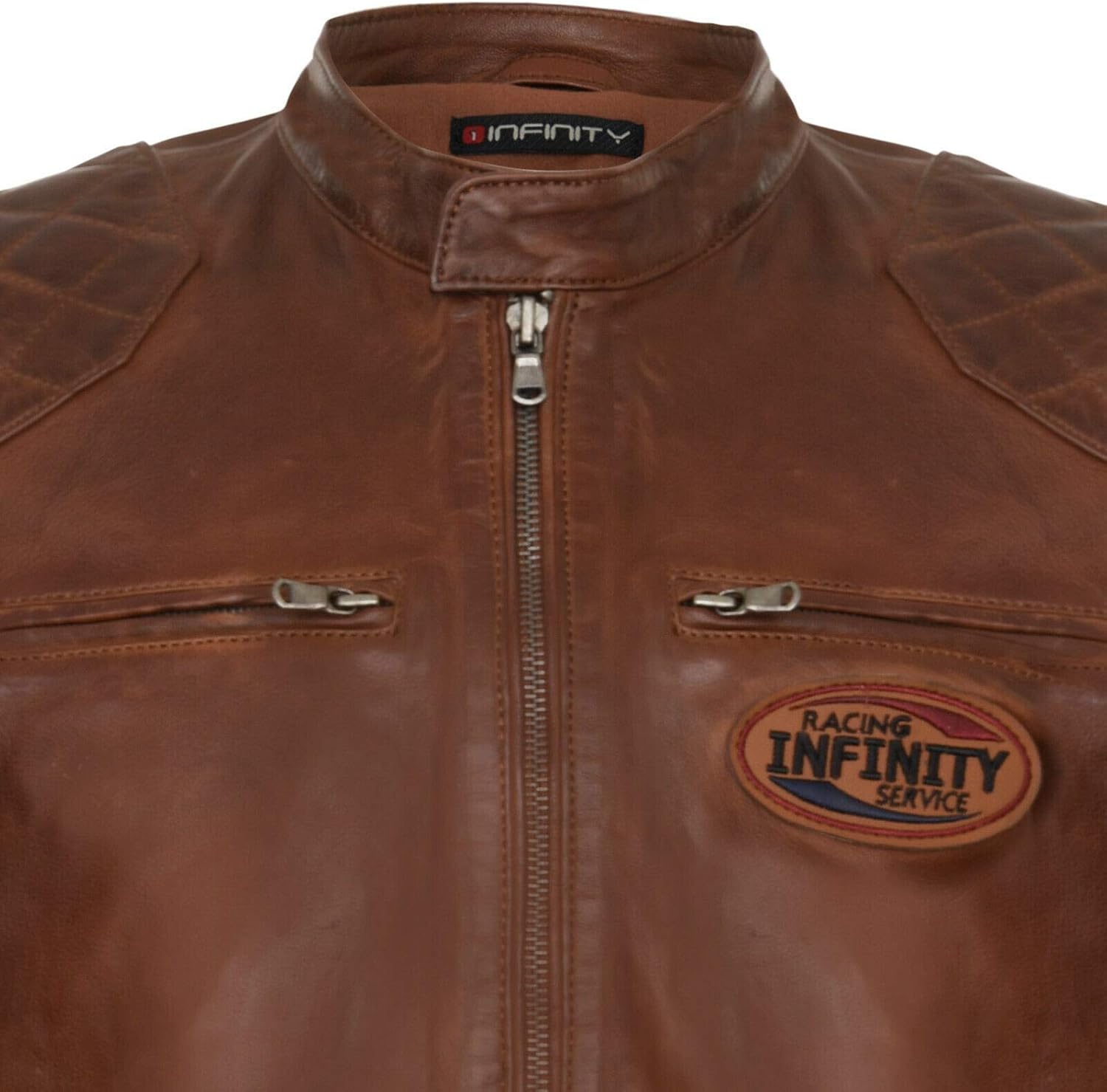 Men's Leather Biker Racing Fashion Motorcycle Jacket with White Stripes and Badges