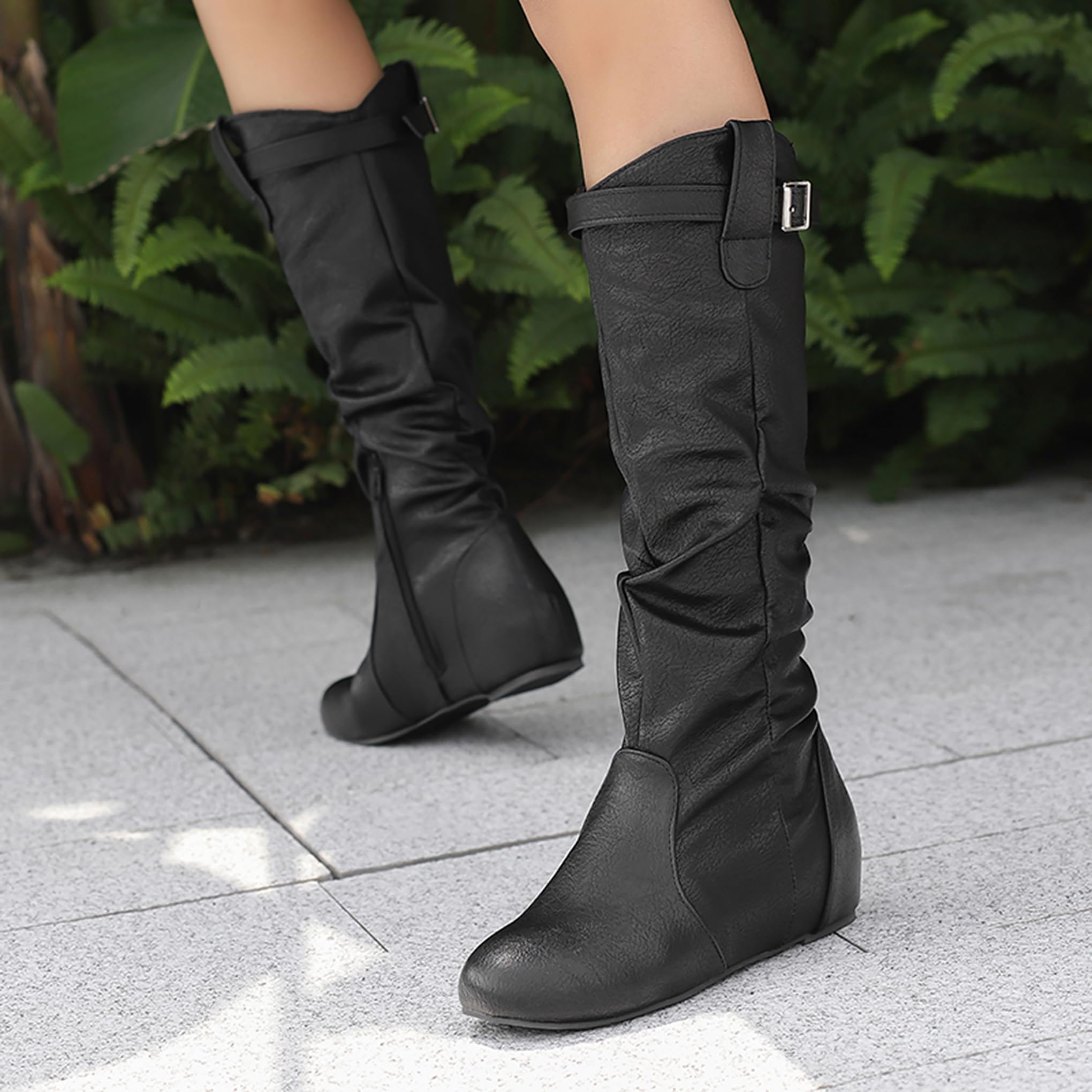 Bviennic Botas Rodilla Mujer Mid Tacón de Cuña Casual Punta Rojoonda Zip Slouch 2593, Talla 34-48
