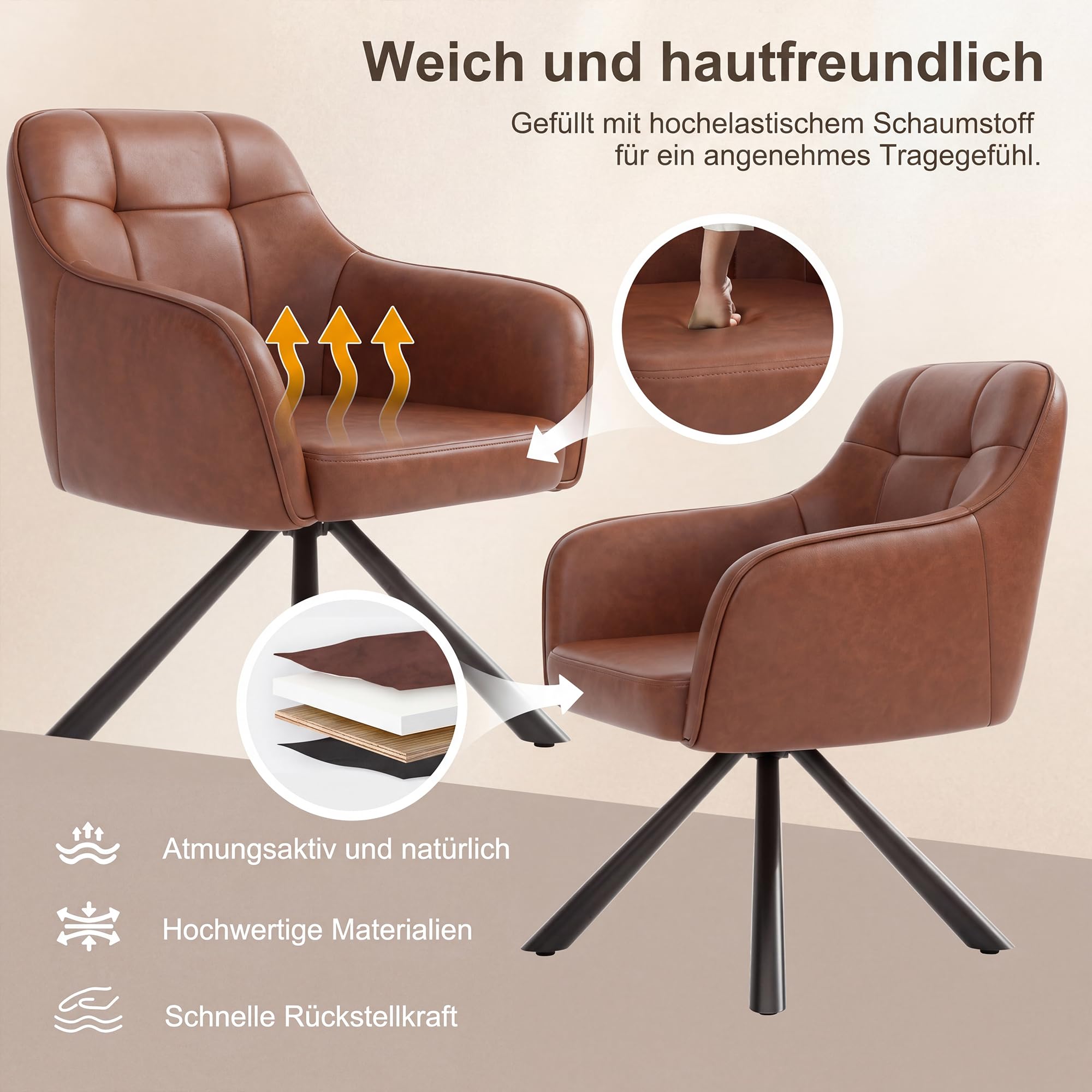 YOUDENOVA Esszimmerstühle 2er Set, 360° Drehbar mit Armlehnen, Cognac Braun