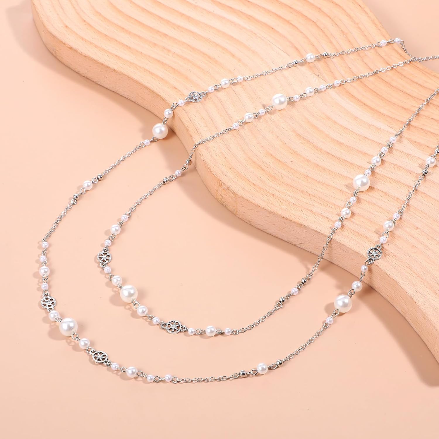2Pcs Long Pearl Necklaces for Women Silver Dainty Beaded Pearl Layered Necklaces for Women Long Necklace Statement Sweater Strand Chain Jewelry For Party Wedding - Image 8