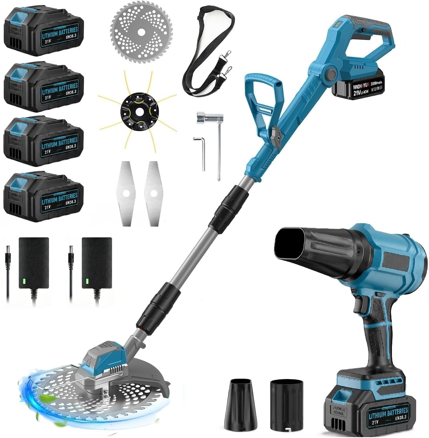 Decespugliatore a batteria con batteria da 16,0 Ah, tagliabordi da 21 V con 4 batterie da 4,0 Ah, motore senza spazzole da 1000 W, soffiatore senza fili da 65 m/s, per prato, foglie, erbacce (set per