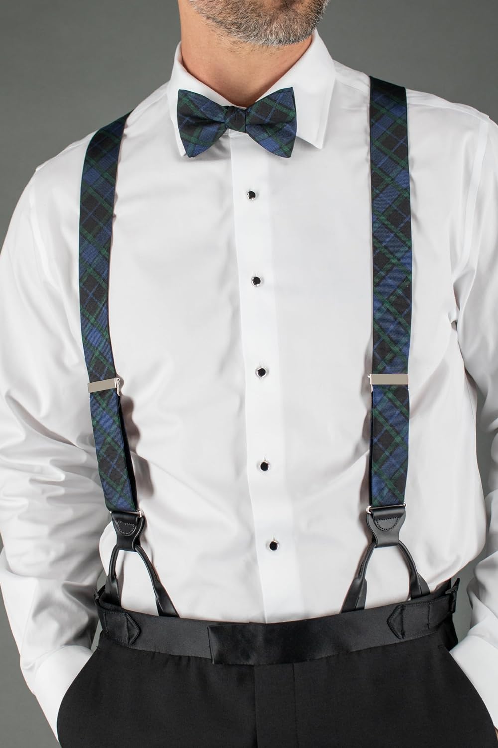 Trafalgar Men's Ives Green and Navy Blackwatch Plaid Silk Button End Braces (Suspenders)